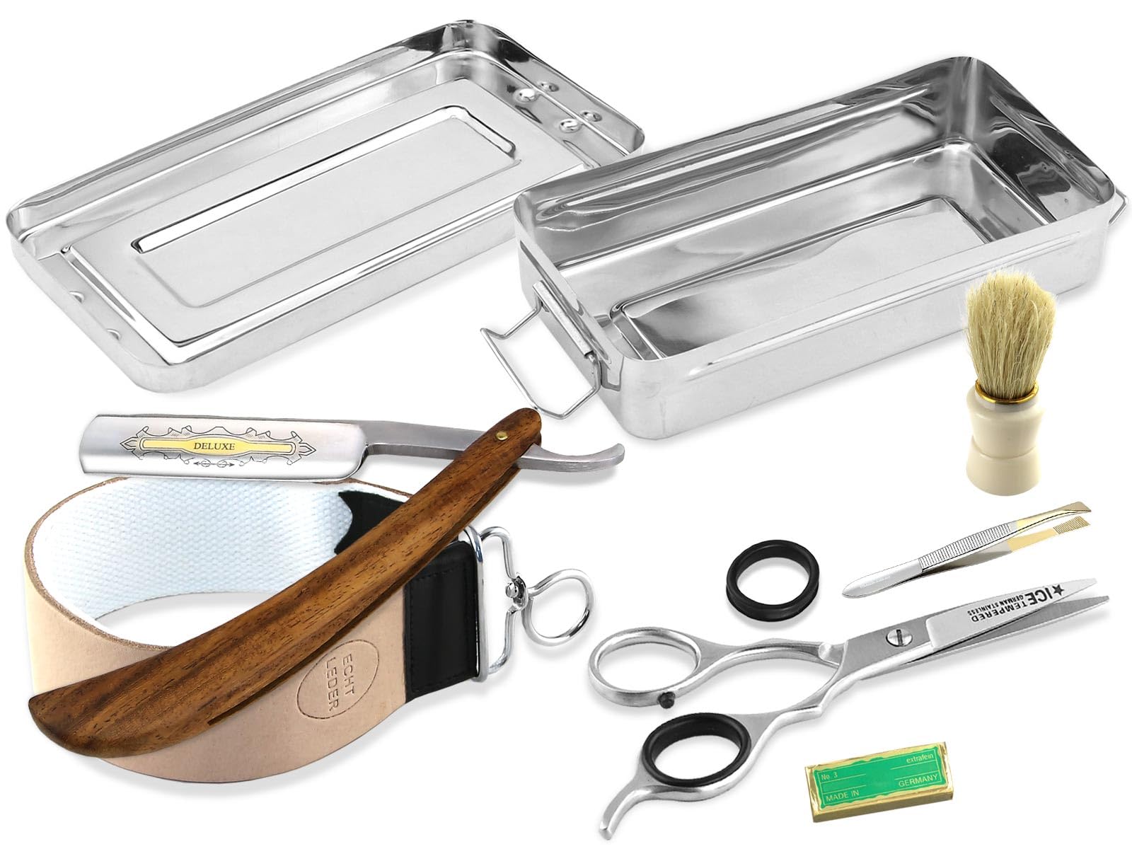 Rasiermesser Set 7 Teilig Komplett Rasier Set mit Paste aus Solingen | Klassisches Rasur-Set inkl. Rasier box, Rasierpinsel, Lederriemen, Bartschere Zupfpinzette - Ein schönes Männergeschenk