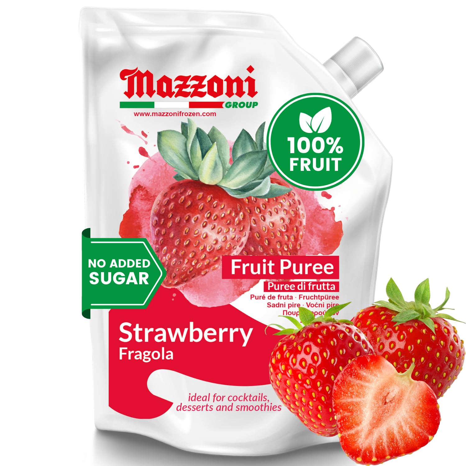 Mazzoni - Strawberry Puree, 100% Pure Strawberries, Just Fruit, No Sugar Added, Real Fruit Mixer for Cocktails, Drinks, Smoothies - 35.2 Fl Oz (2.2 lb