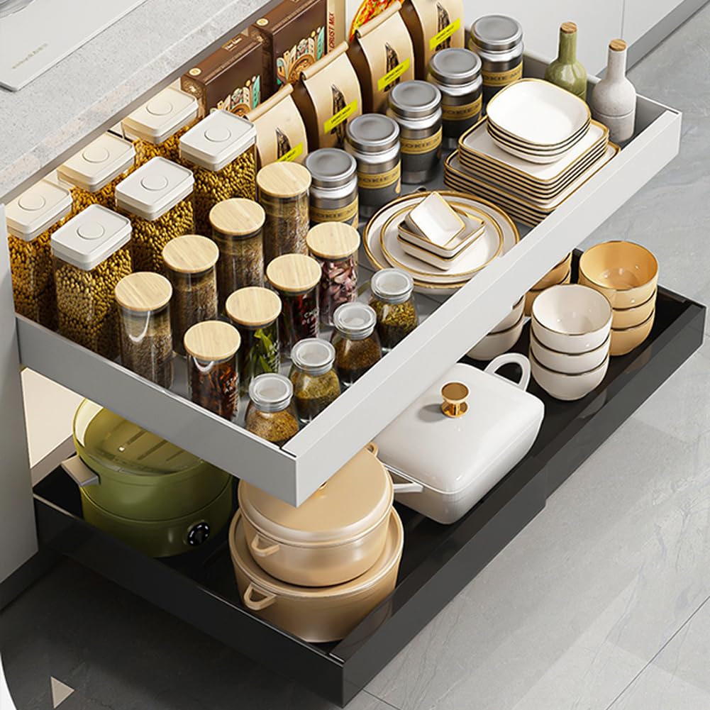 Organiseur d'armoire coulissant, tiroirs coulissants robustes extensibles sans perçage pour armoire de cuisine, garde-manger, petite taille (32 à 52 cm)