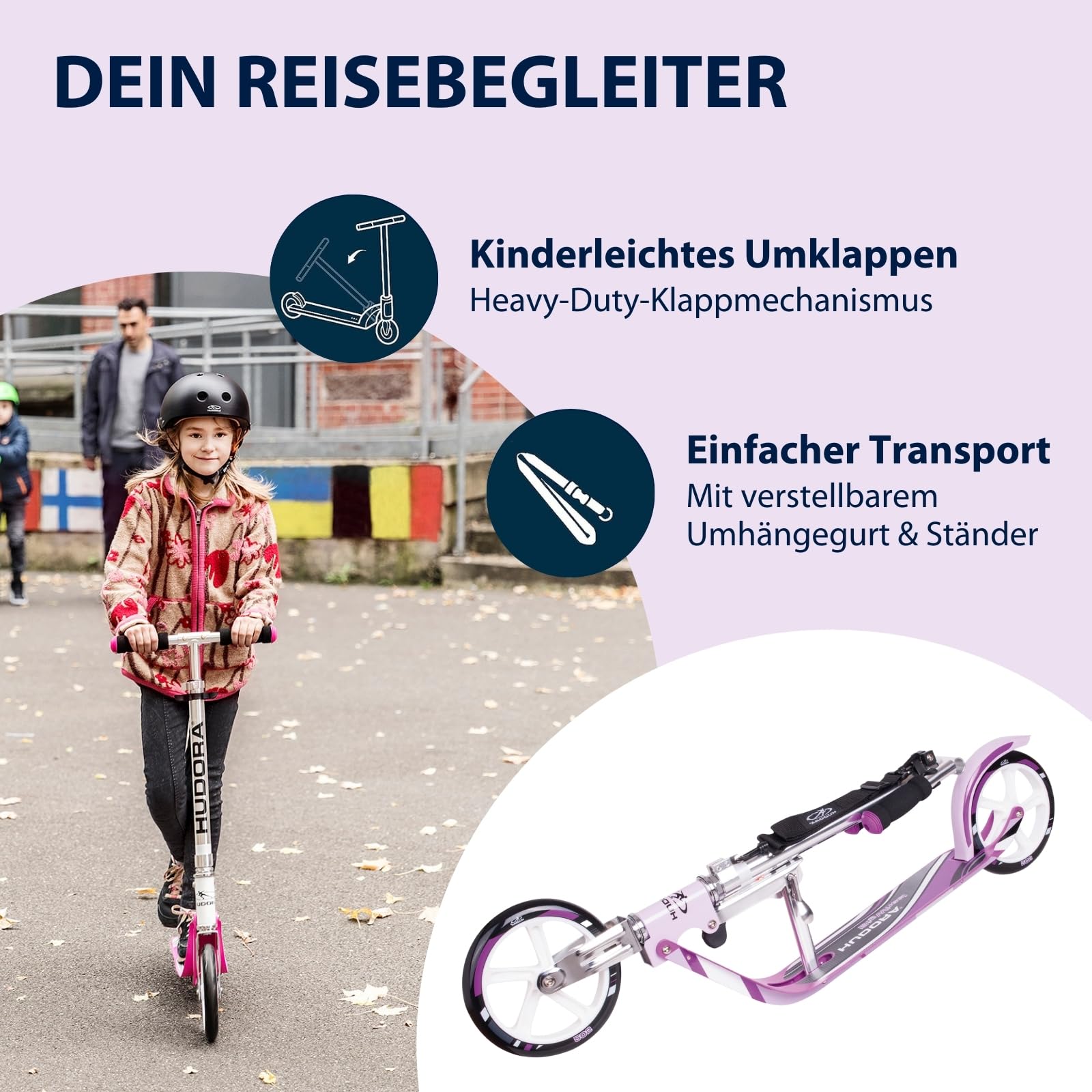 HUDORA BigWheel Scooter 205 - Stabiler Aluminium-Roller - Höhenverstellbarer & zusammenklappbarer Cityroller - Kinder- & Erwachsenenroller für bis zu 100kg - Tretroller mit Ständer