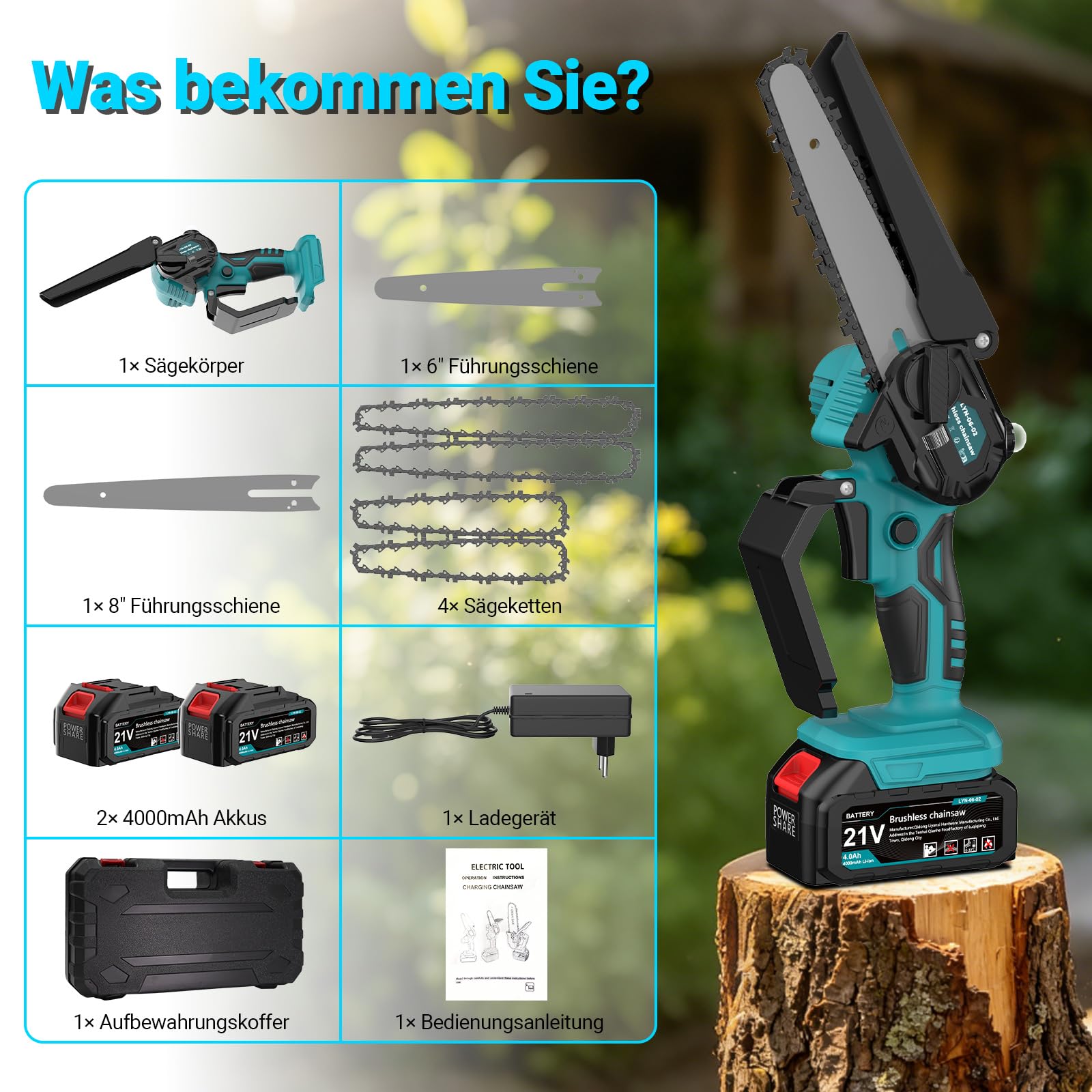 Mini Motosega a Batteria, 8000 mAh, 6 e 8 Pollici, Brushless | Motore 800 W, 2 batterie da 4000 mAh, 4 catene, autonomia da 45 a 60 min, lubrificazione a pressione, compatibile con Makita