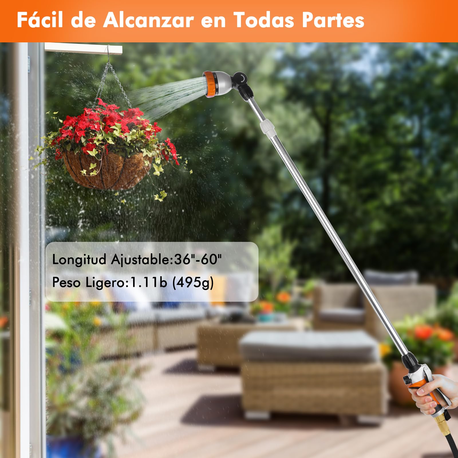 RESTMO Lanza de Riego Telescópica 92-152 cm de Metal, Largo Pistola de Riego para Jardín con Cabeza Giratoria 180°, 7 Modos de Pulverización Ajustable, para Macetas Colgantes y Arbustos, Naranja