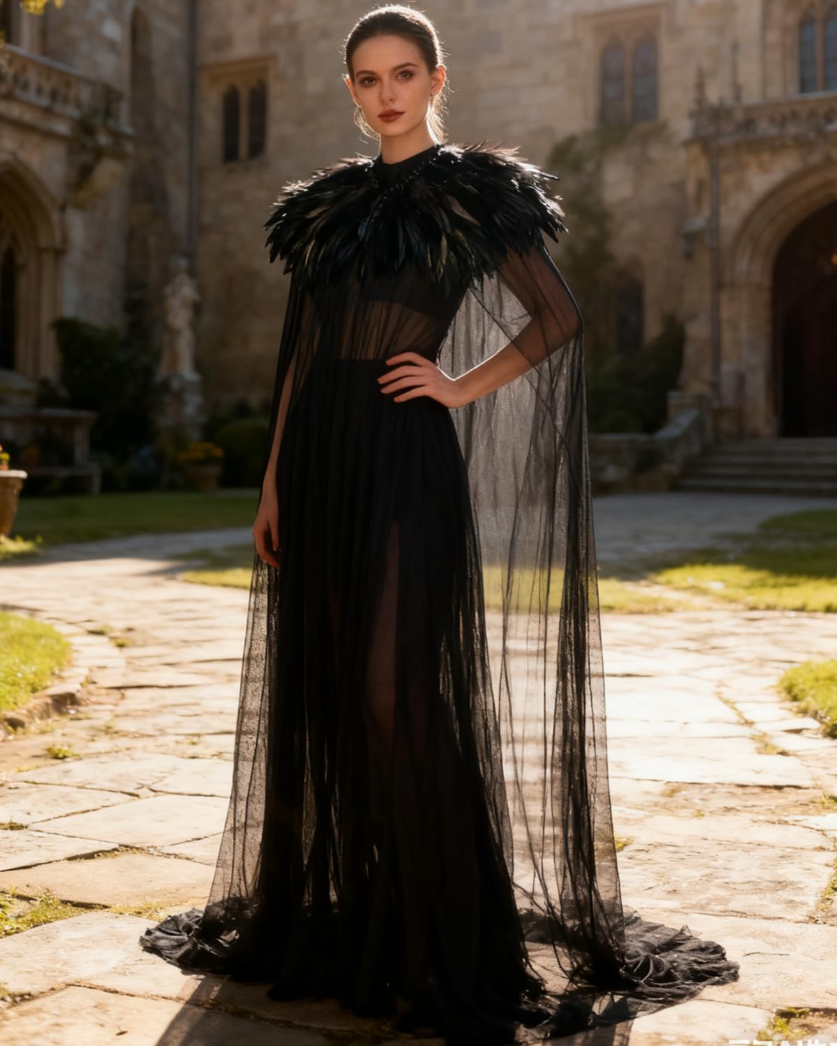 keland Czarna tiulowa peleryna długa z kołnierzem sprężynowym Pióro Cape Halloween Maleficent akcesoria (czarna)