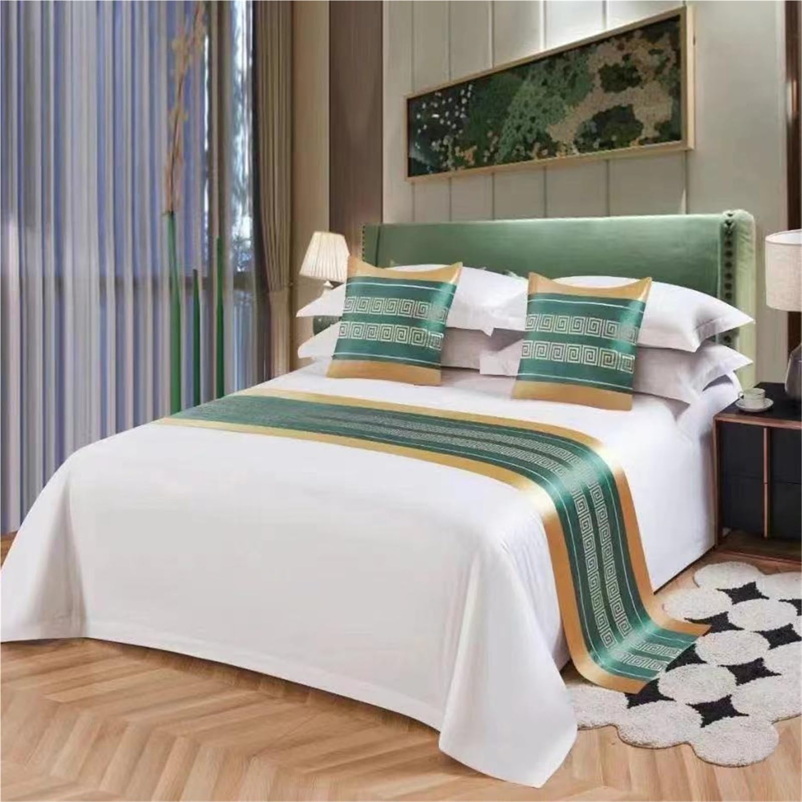 FAWFCJD Bed Runner With 2 Pillow Cover Bed Scarf Bed Decorative Bed Runner Bed Scarves Set Smooth Bedding Protector Slipcover Decoration For Hotel Bedroom Guesthouse(Green,210X50cm)