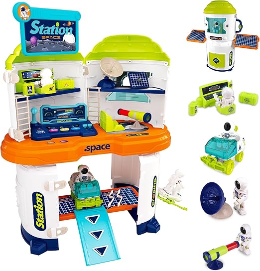 Gifts2U Space Toys for Kids,2 in 1 Space Station Rocket Ship Playset with 2 Astronauts,1 Planet Exploration Vehicle, Educational STEM Outer Spaceship Building Set for 3 4 5 6 7 8 Year Old Boy Girl