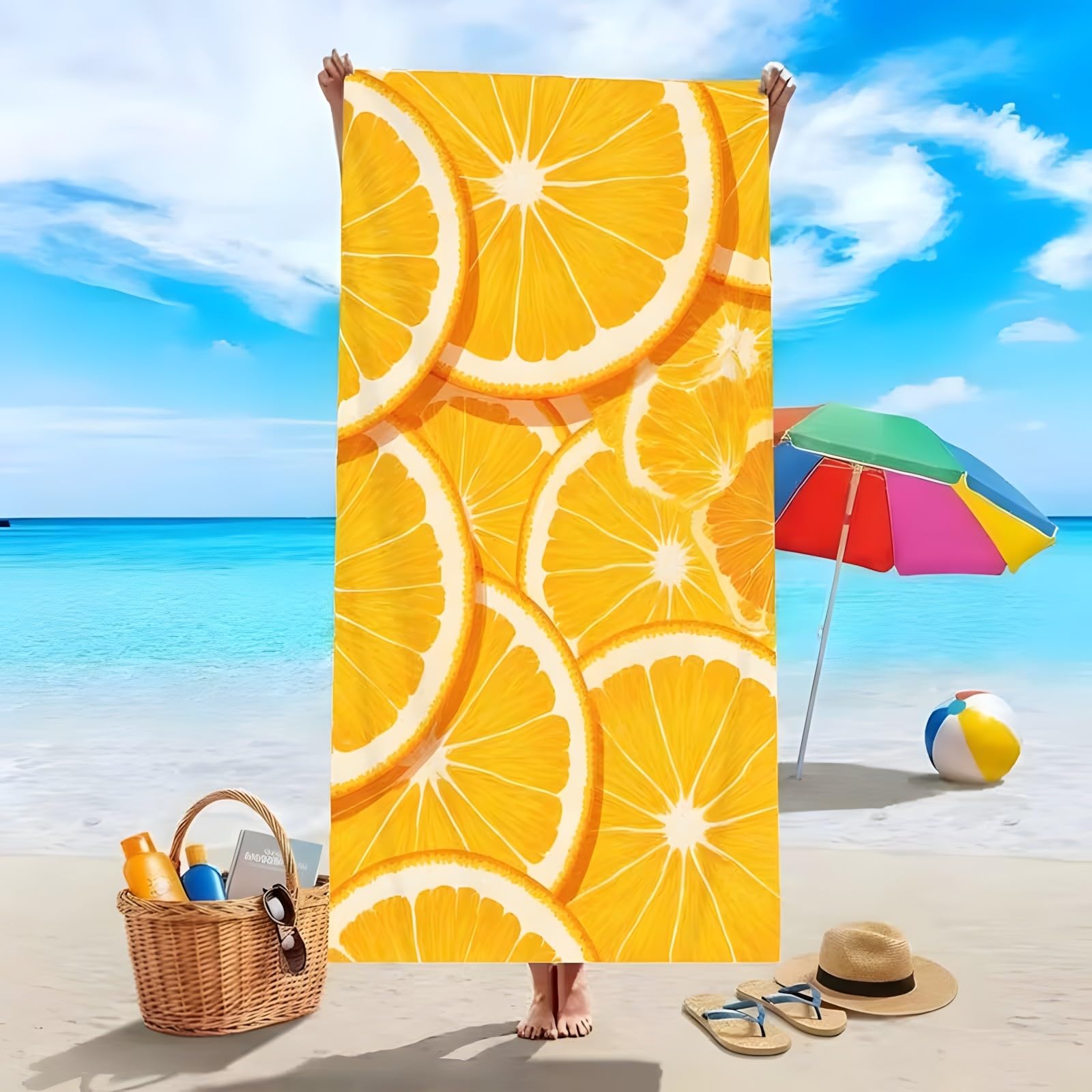 YZQGLHP Orange Microfibre Beach Towel Fruit Beach Bath Towel Quick Drying, Lightweight, Sand-Free, Durable, for Pool, Gym, Camping, Travel Towel 70x130cm