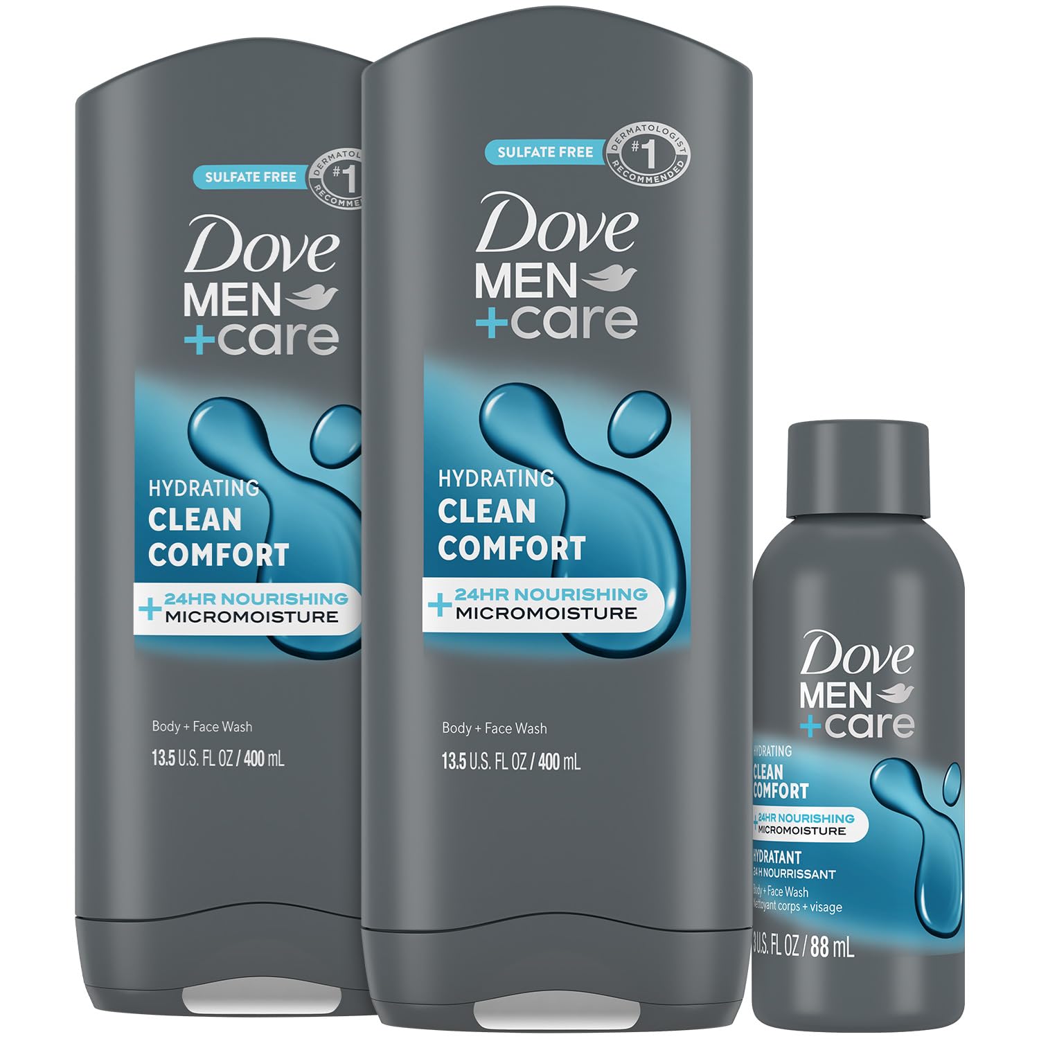 Dove Men Care Body Face Wash 2-Pack Travel-Size Body Wash Clean Comfort with 24HR Nourishing MicroMoisture Lemon Cedarwood