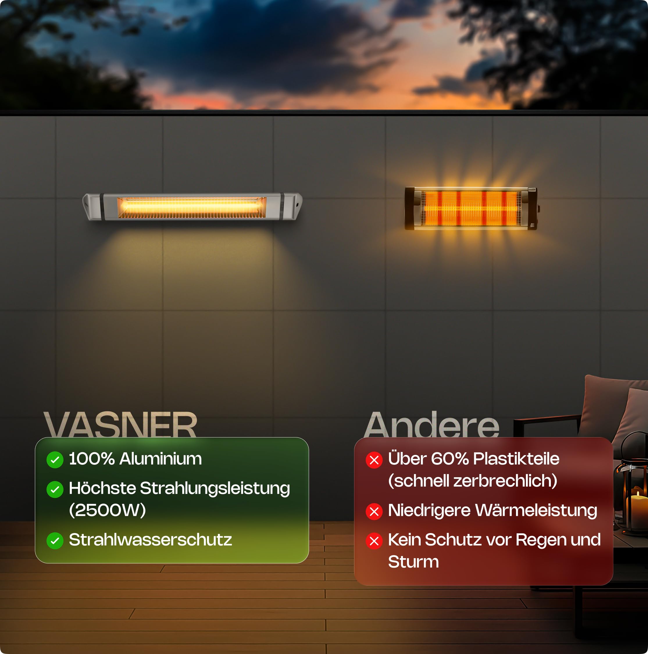 VASNER Teras 25 Infrarot Heizstrahler Terrasse - Terrassenstrahler 2500 W elektrisch - 4 Heizstufen Terassenheizer - Infrarotstrahler Terassenheizstrahler außen outdoor - Mit Fernbedienung (silber)