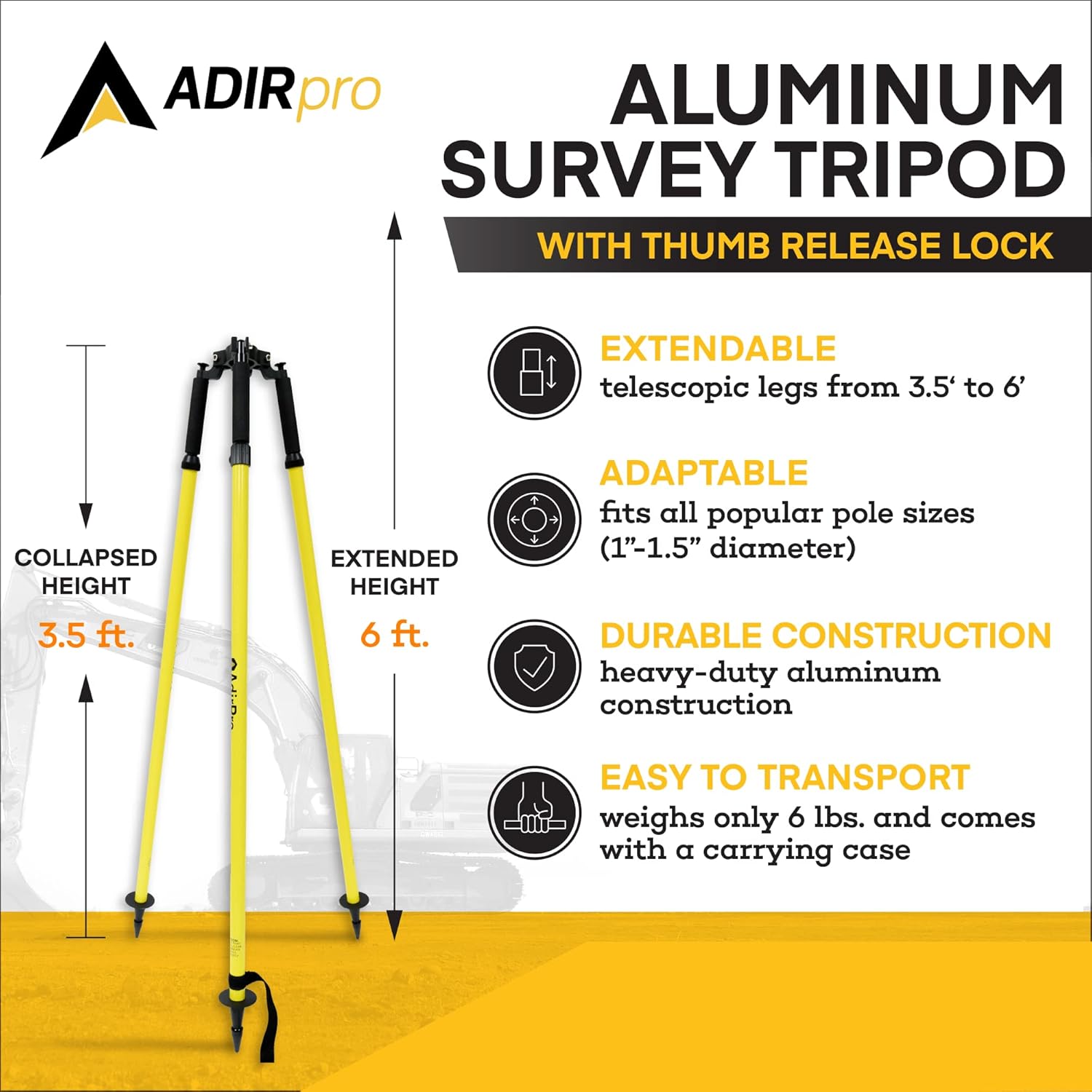 AdirPro Prism Pole Tripod – Aluminum Range Pole Tripod – Use for Survey Pole, Rover Rod, GPS Pole, Leveling Staff – GNSS RTK Rod Stand - Survey Equipment for Total Station Surveying (Yellow)