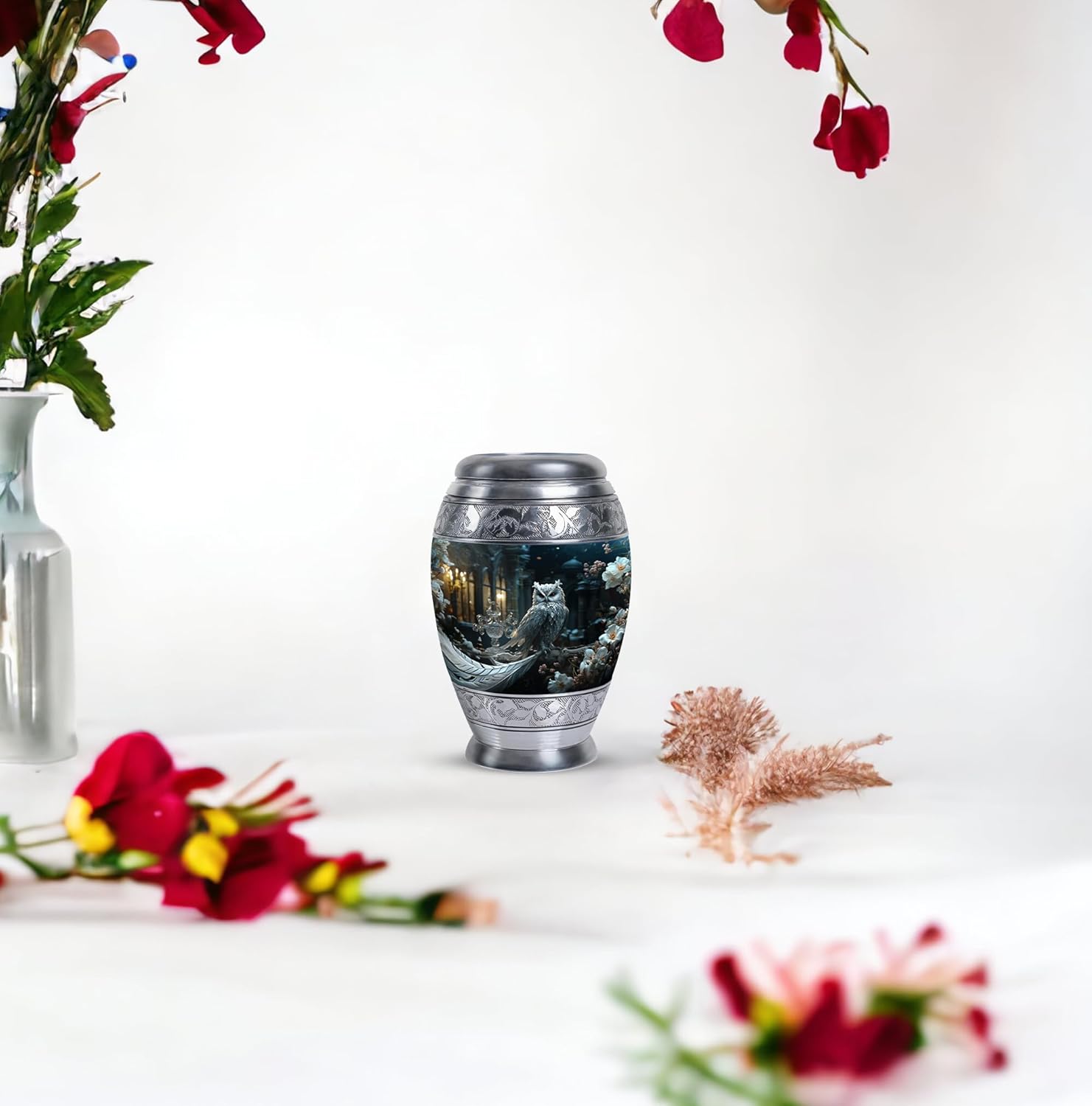 White Owl Sitting White Flower - Small Metal Ashes Urn - Miniature Urns for Ashes - Pack of 4 - Cremation Keepsakes