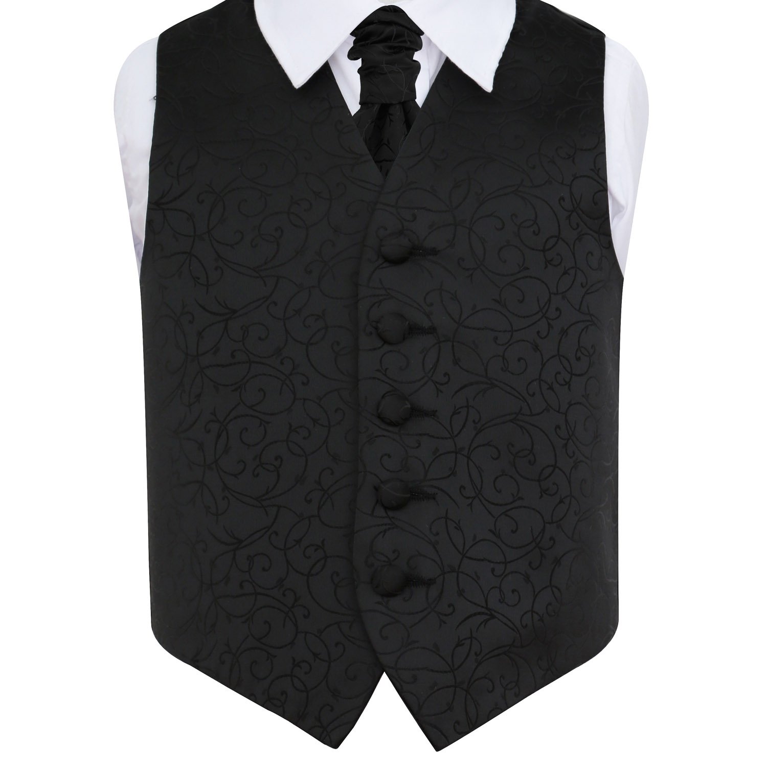 Dqt Boys Black ’ Swirl Floral Jacquard Wedding Waistcoat & Cravat Set For Page And Formal Suit - 13-14 Years 34"