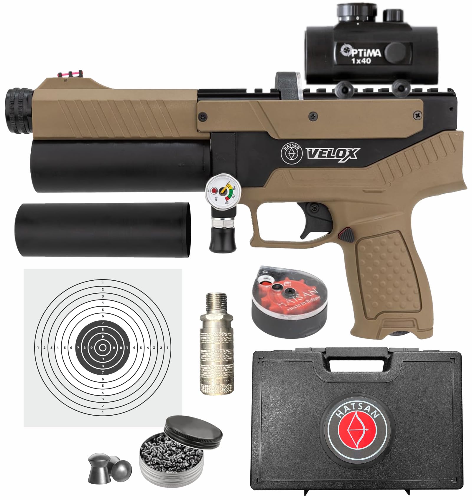 Hatsan Velox PCP Air Pistol Semi-Auto Pellet Gun, up to 620 FPS, up to 20 Joules, up to 12 RDS, w/ Wearable4U Hard Case +Pellets +Paper Targets Bundle (2024 Edition)