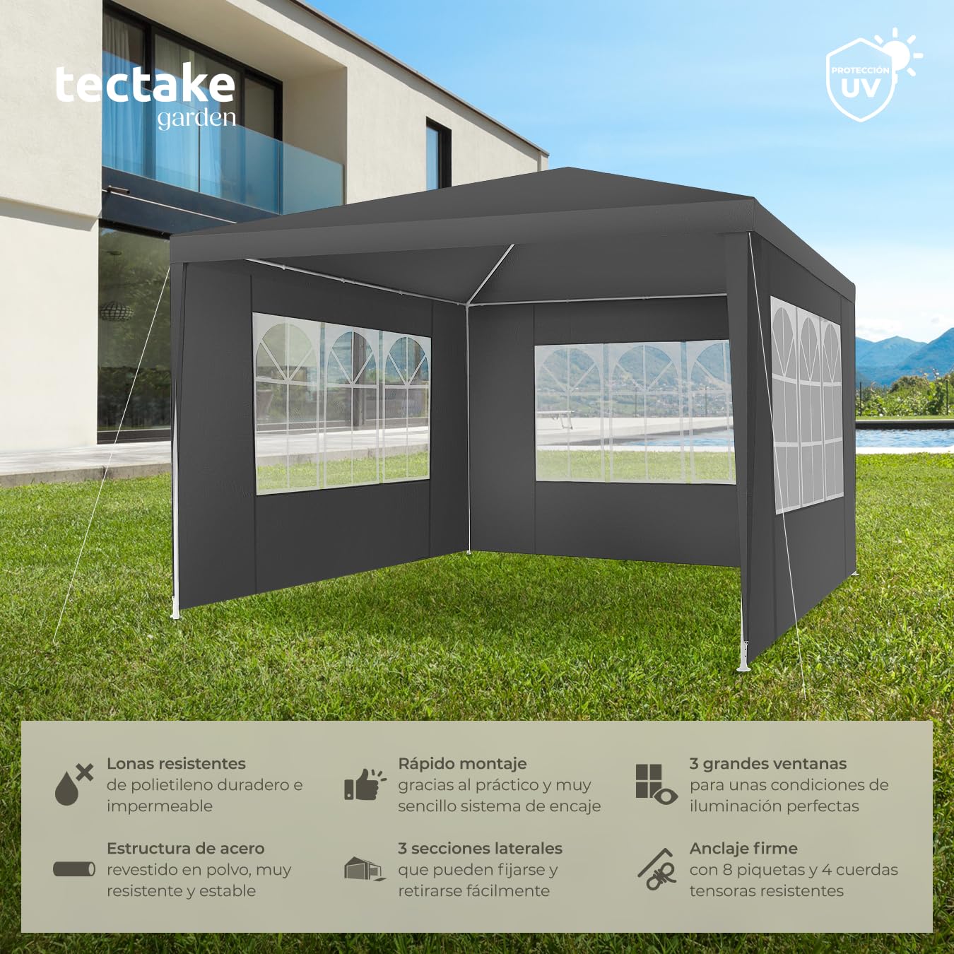 tectake® Carpa para jardín, Carpas para Exteriores Impermeables, cenador Jardin, toldo Playa, Carpa cenador, Carpas Jardin Exterior - 3x3m Gris