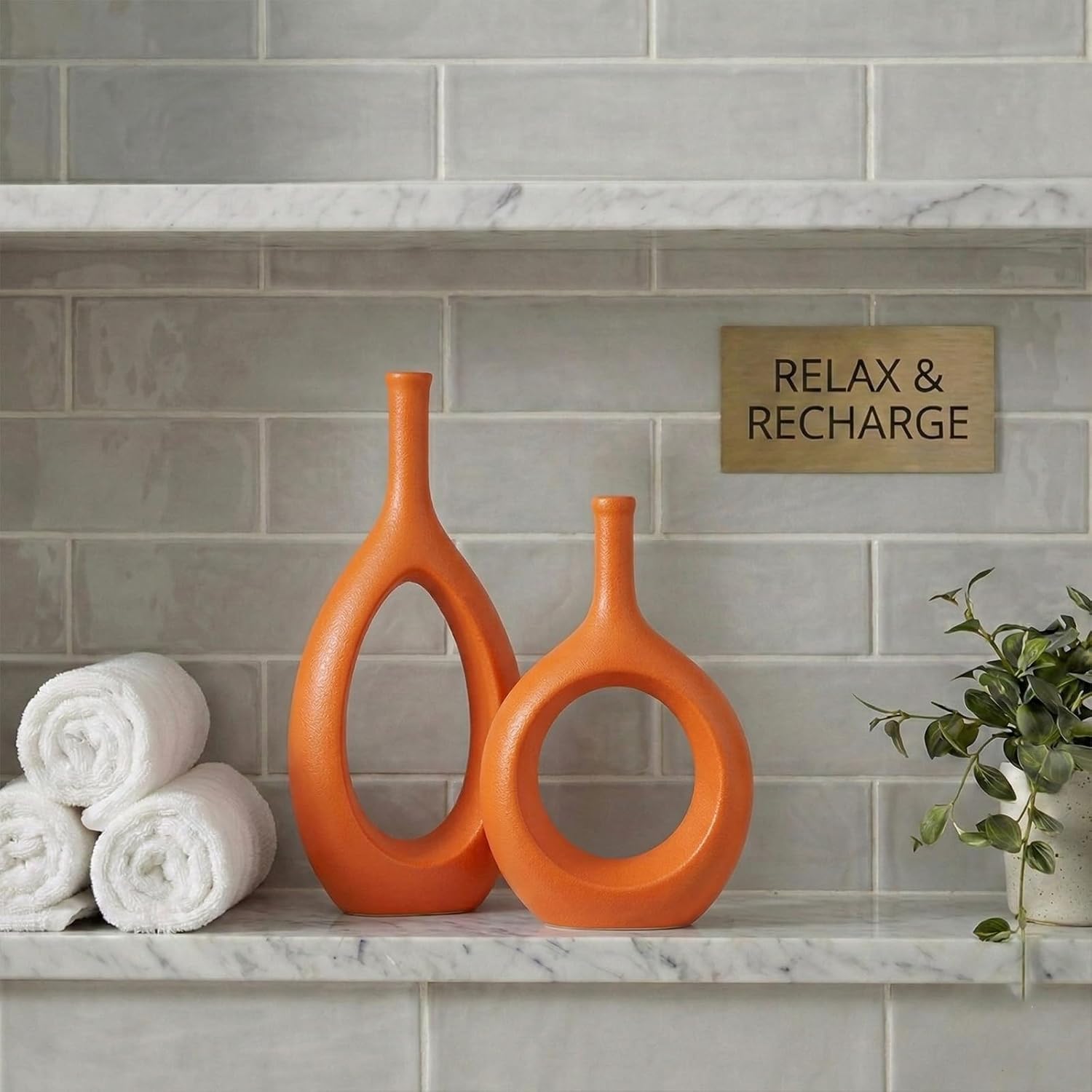 Orange Ceramic Hollow Elliptical Vase Set of 2 - Boho Circle Vase with Hole, for Modern Orange Table Decor, Living Room Decor Shelf mid Century Modern Home Entrance Decorative vase