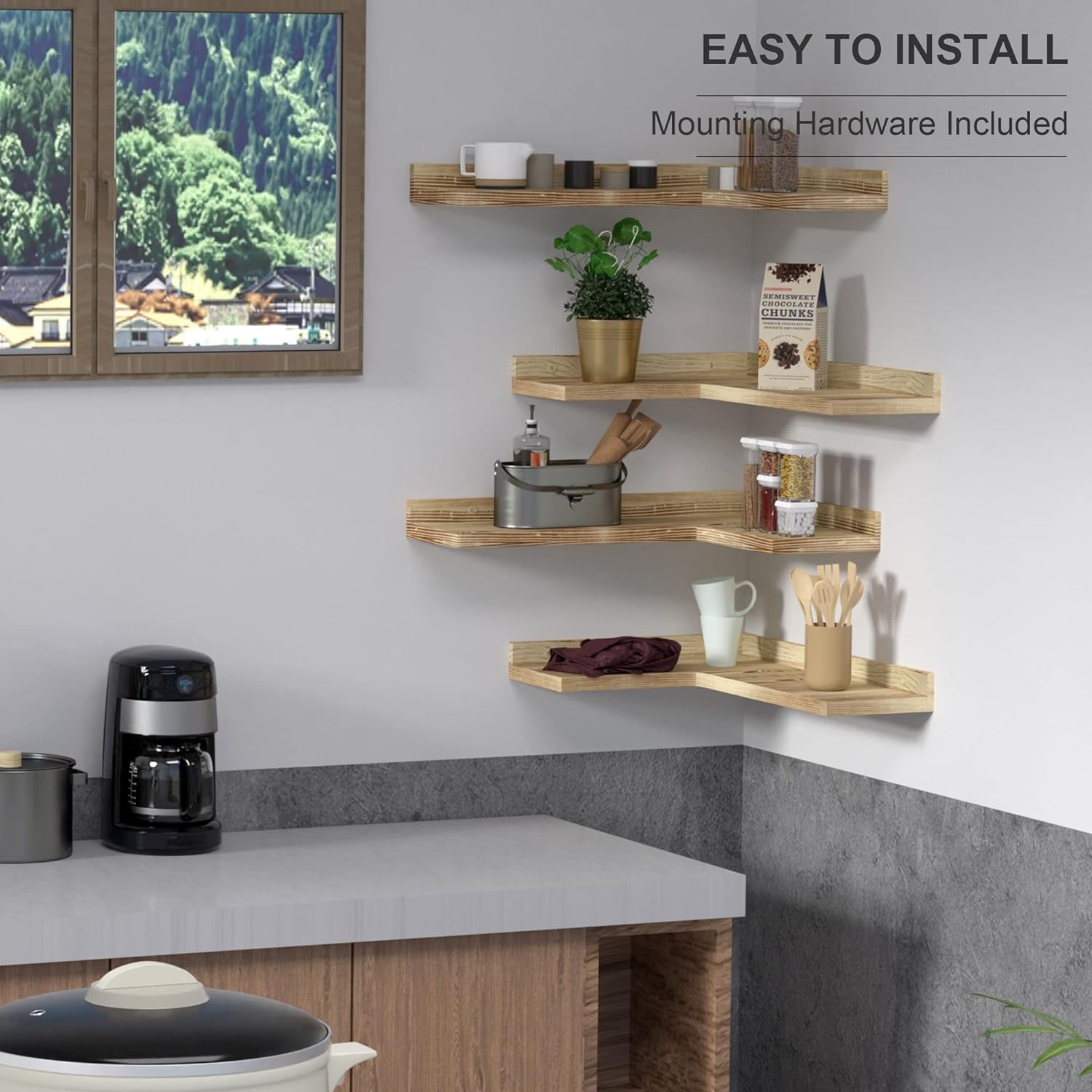 4 Tier Corner Floating Shelves Set of 4, Rustic Pine Wood Corner Shelves for Wall Storage and Decor, L-Shaped Corner Wall Mounted Shelf for Bedroom, Living Room, Bathroom, Kitchen - Carbonized Black