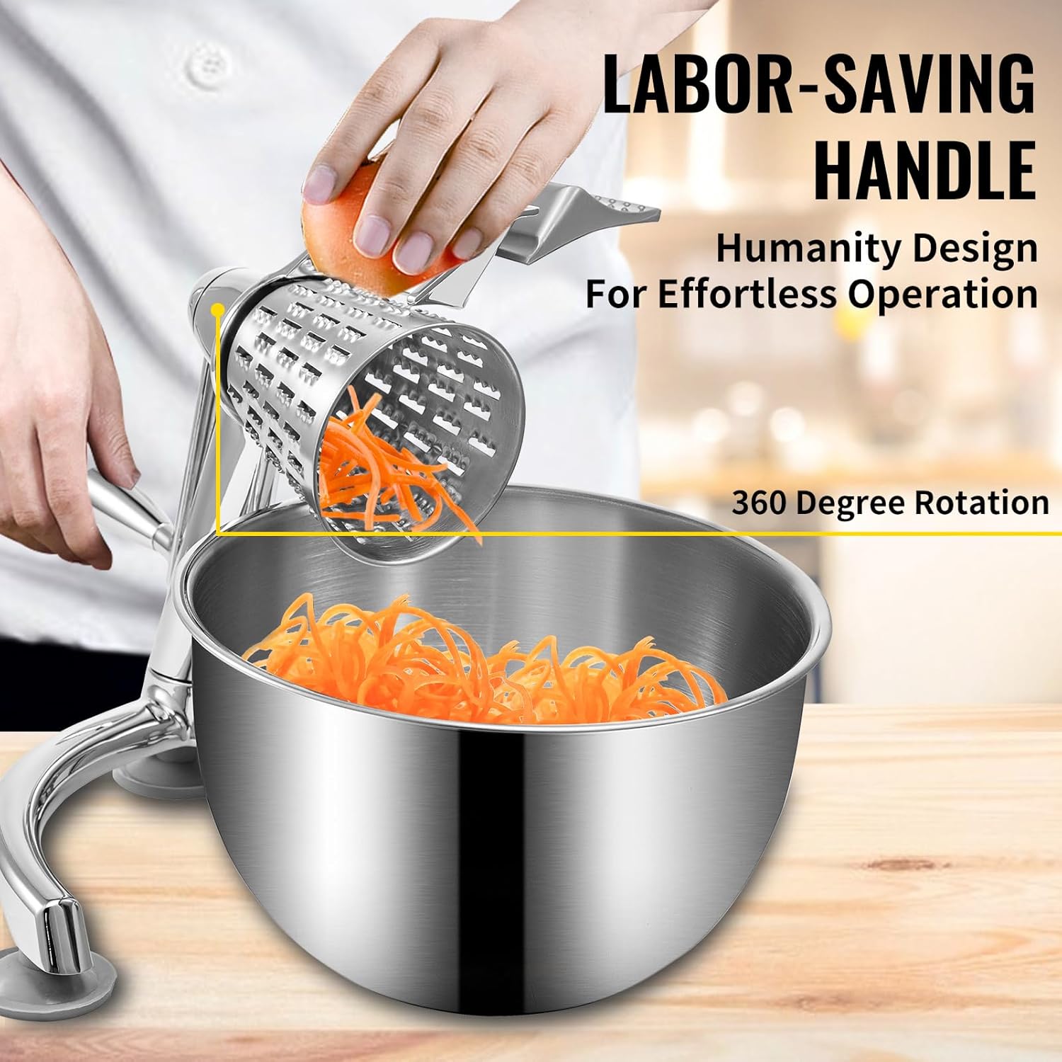 Happybuy Rotary Cheese Grater, Zinc Alloy Vegetable Mandoline with 5 Stainless Steel Cutting Cones, Manual Cheese Grater with 2.5L Bowl, Rotary Shredder with Suction Base for Efficient Kitchen Prep