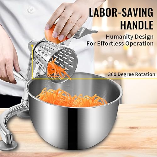 Miniatura 5 de Happybuy Rallador de queso giratorio, mandolina vegetal de aleación de zinc con 5 conos de corte de acero inoxidable, rallador manual de queso con