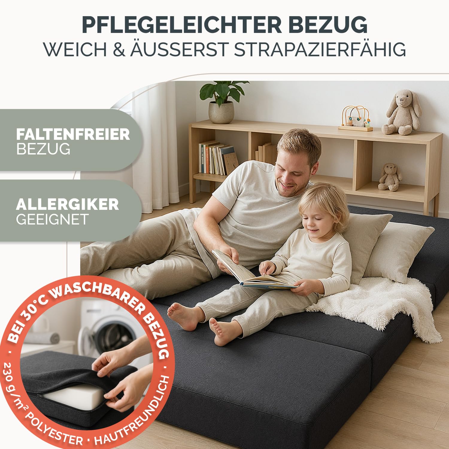Blumtal Klappmatratze 120x200 cm - 3teilige Gästematratze klappbar extra dick (15 cm) - rückenfreundliche Faltmatratze 140x200 Schaumstoff - Schlafmatratze + Bezug Anthrazit hautfreundlich & waschbar