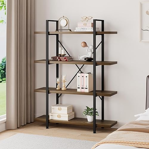 Vista 3 de HSH Industrial 4 Tier Bookshelf, Modern Metal and Wood 4 Shelf Bookcase Etagere, Farmhouse Open Wide Display Storage Bookshelves and Bookcases Heavy
