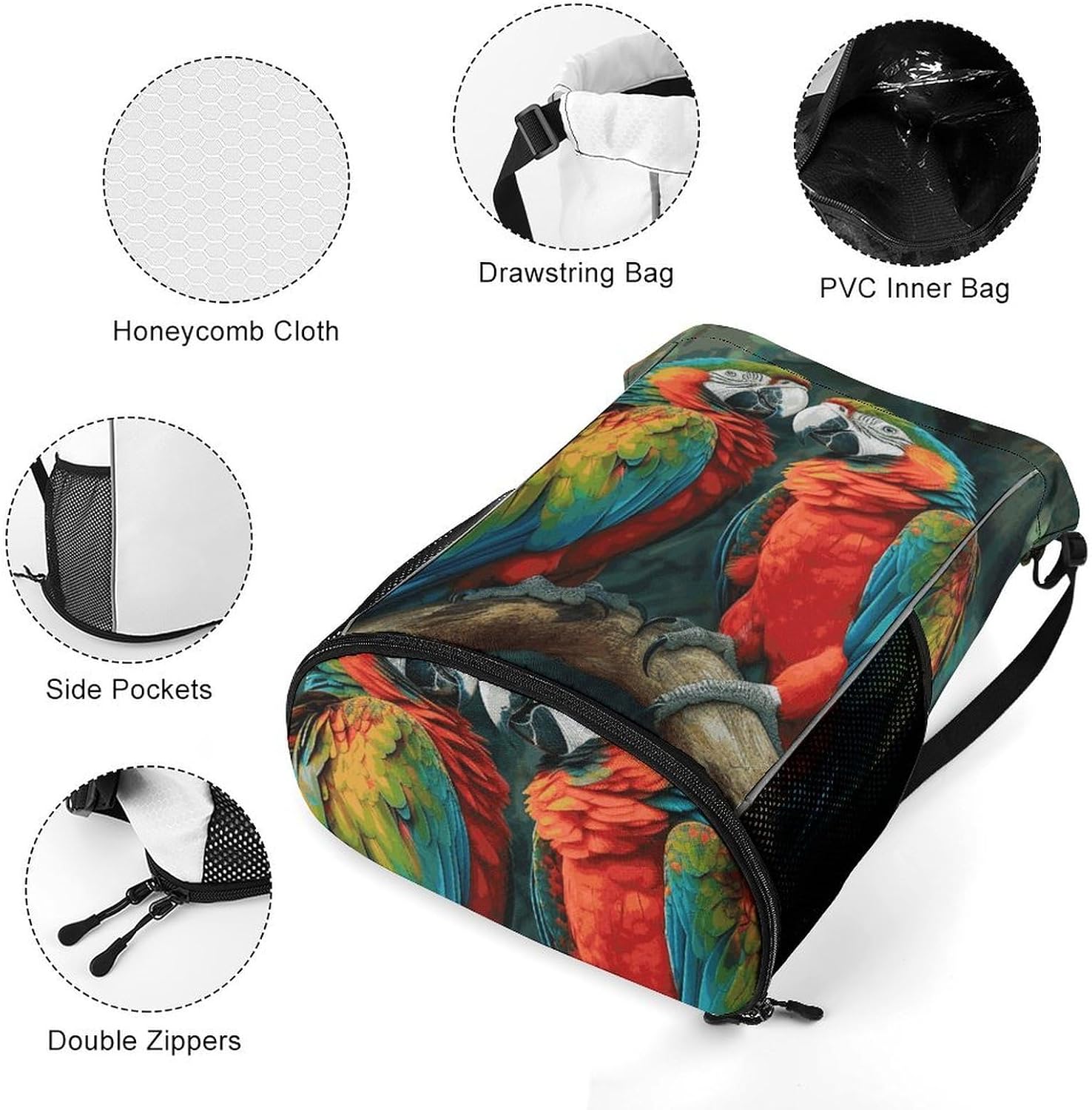 Two Colored Parrots Drawstring Backpack with Wet Pocket - Large Capacity Gym Bag with Shoe Compartment & Mesh Pockets, Adjustable Lightweight Gym Backpack for Swimming, Travel, Workout