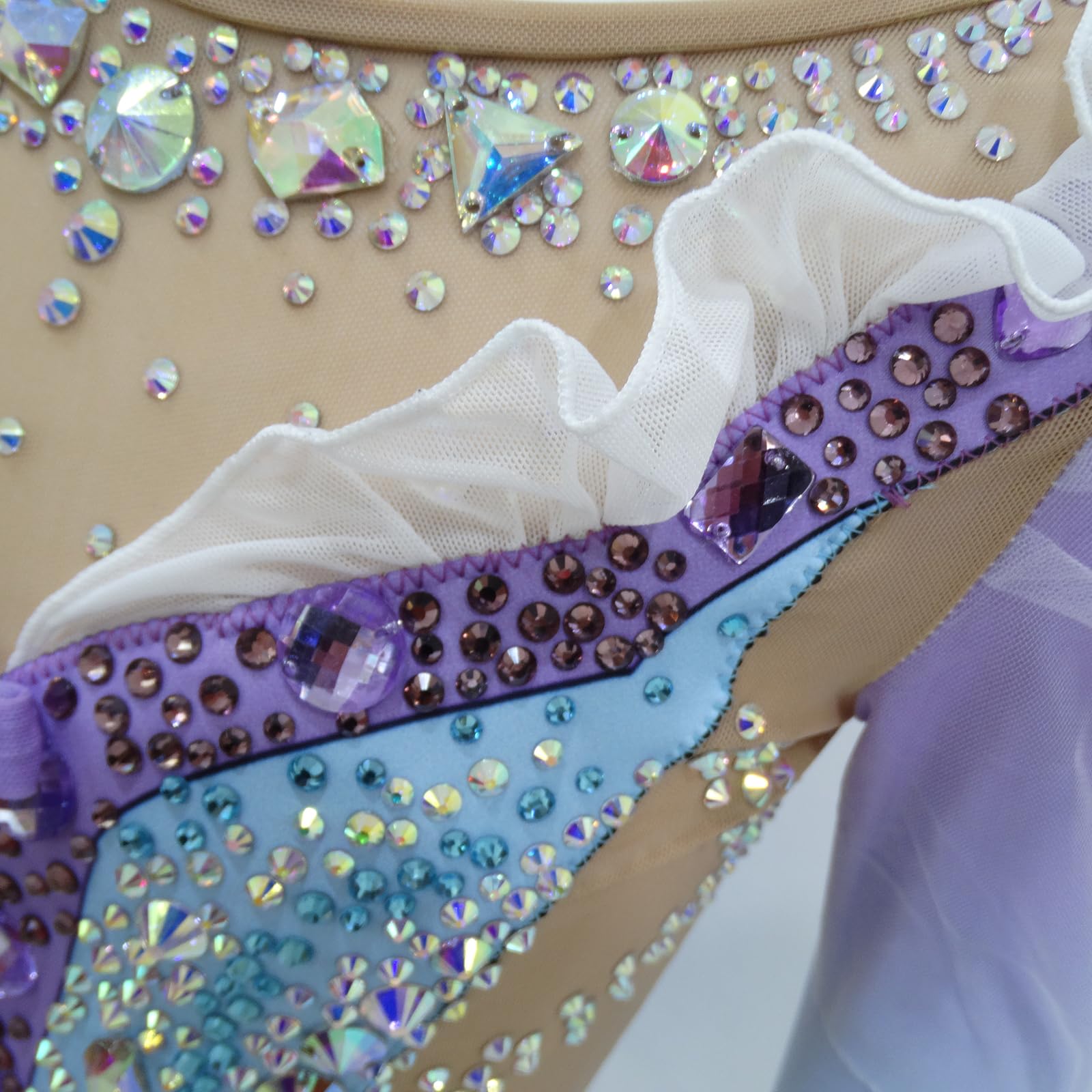 LIUHUO Maillot de gimnasia rítmica cuello redondo mangas tres cuartos borlas rendimiento competición