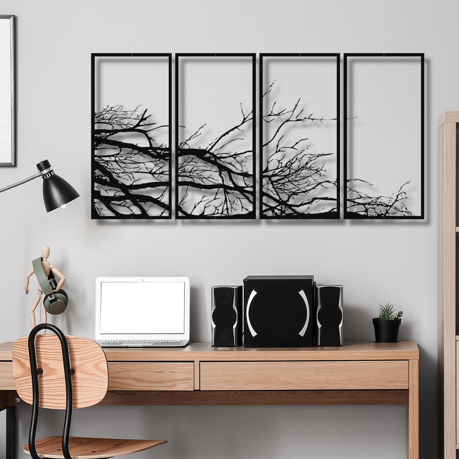 Decoración de Pared de Metal, árbol de la Vida, árbol genealógico, 4 Paneles, árbol Grande, decoración para el hogar, Sala de Estar (Plateado, 40" x 20" | 100 x 50 cm)