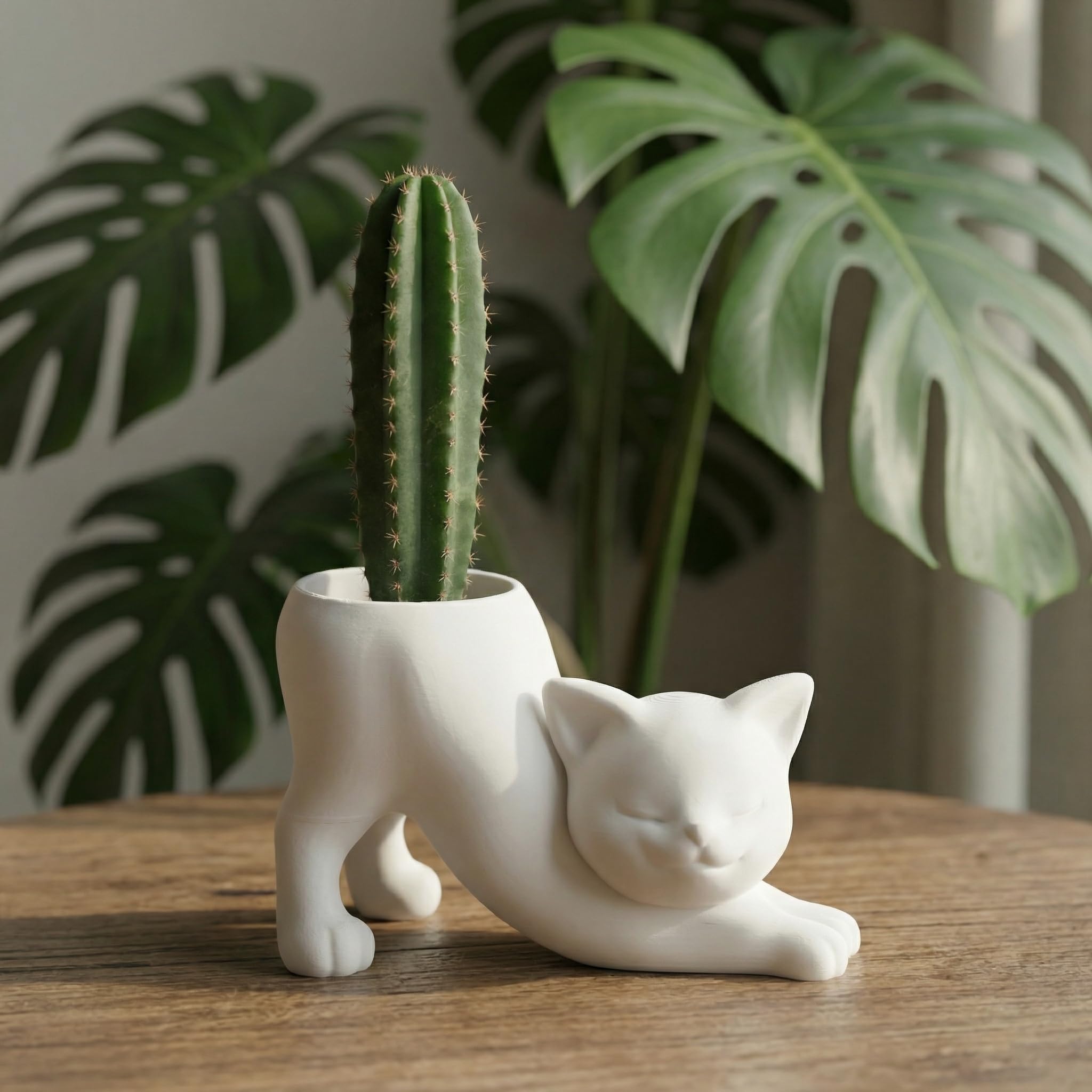 3D Printed Stretching Cat Planter | Cute Cactus & Succulent Pot for Indoor Plants | Minimal White Animal Plant Holder for Desk, Shelf, Tabletop, Home & Office Décor-image-24