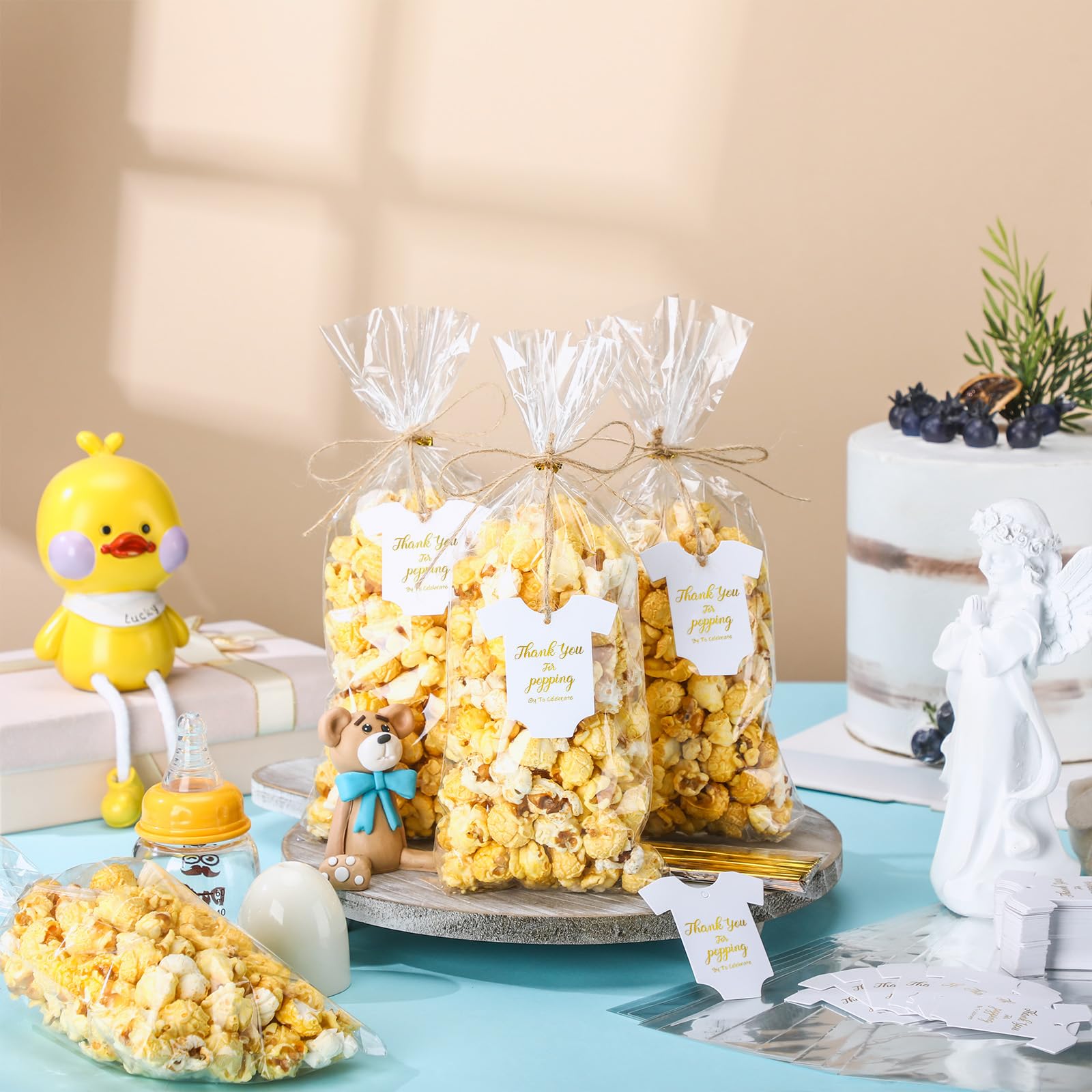Motiskyy Zestaw 100 papierowych zawieszek z podziękowaniami na baby shower, 4 x 6 cm, dziękuję za przywieszki z jutowym sznurkiem na popcorn, torby na smakołyki na baby shower, przyjęcie urodzinowe