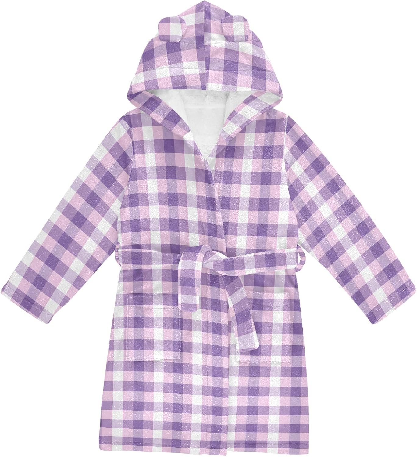 Purple Checkered Toddler Hooded Bathrobe for Boys Girls Soft Plush Bath Towel Robe 2-12 Years