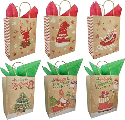 PICOKOLOMO 24 bolsas de regalo de papel kraft de Navidad con asa, bolsas de regalo para fiestas de Navidad (incluye papel de seda)