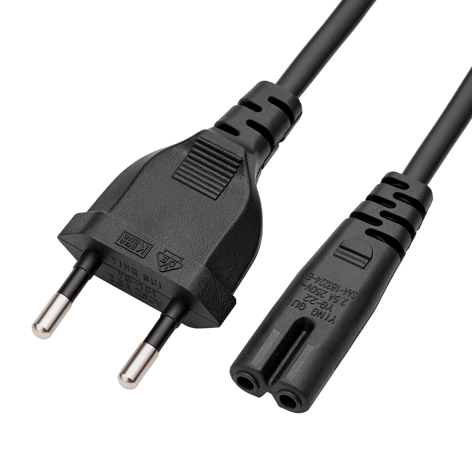 Cable de alimentación euro de CA de 250 V, 2 pines, C7 hembra VDE CEE 7/16 enchufe a C7 EU cable de alimentación certificado para computadora portátil, batería de cámara (CEE7/16 a C7,