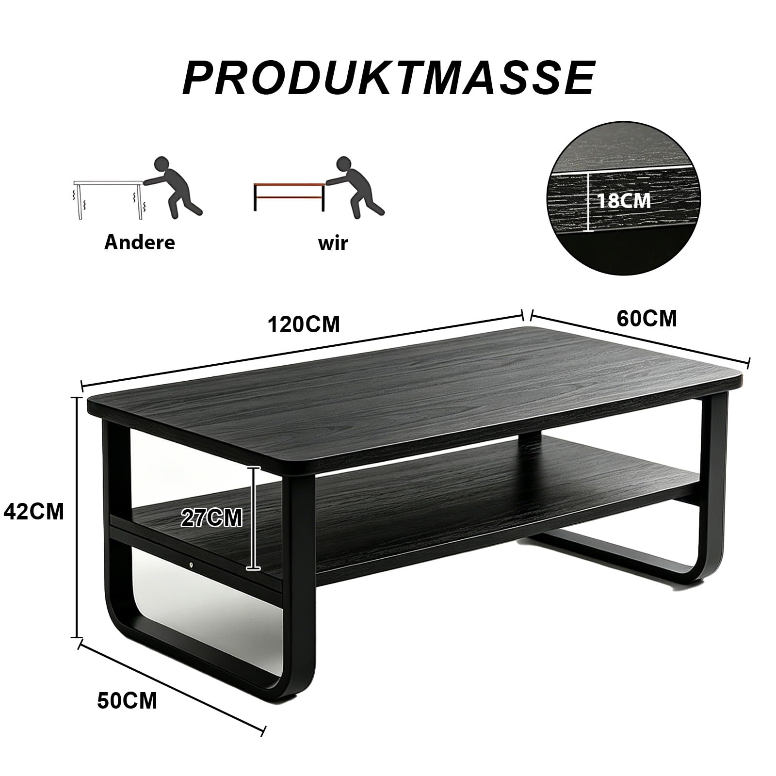 Couchtisch aus Holz für Wohnzimmer, 2-Stöckiger Beistelltisch mit Metallbeinen, Breiter Tischplatte und Offenem Stauraum, Tisch für Wohnzimmer, Büro, Schlafzimmer