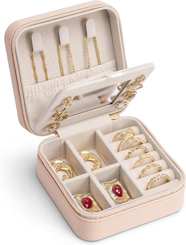 VLANDO Travel Jewelry Case with Mirror, Storage 3 Pairs of Stud Earrings | Necklace Hook for Anti-tangle, Removable Dividers, Waterproof PU Leather,Portable Storage for Rings, Necklace Gifts for Women
