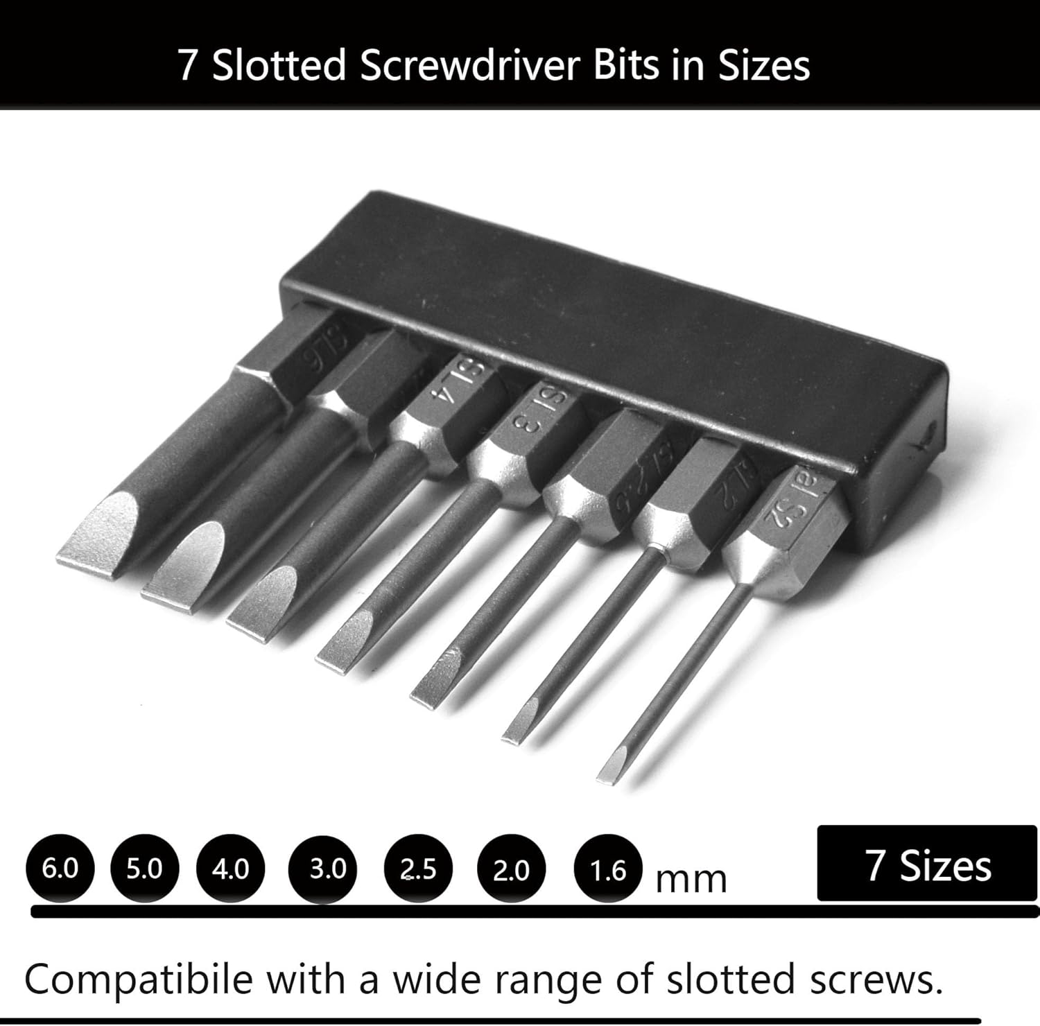 7 Pieces Slotted Bit Set 1.6-6.0mm Flat Head Screwdriver Bits 1/4 Inch Hex Shank 2" Long