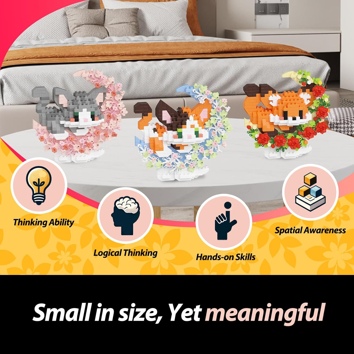 QISHOUTING Calico Cat Micro Building Blocks with Flowers for Kids 8 9 10+,Flowers Mini Building Set,Animal Micro Building Kits,Home Office Décor Gift for Adults and Teens