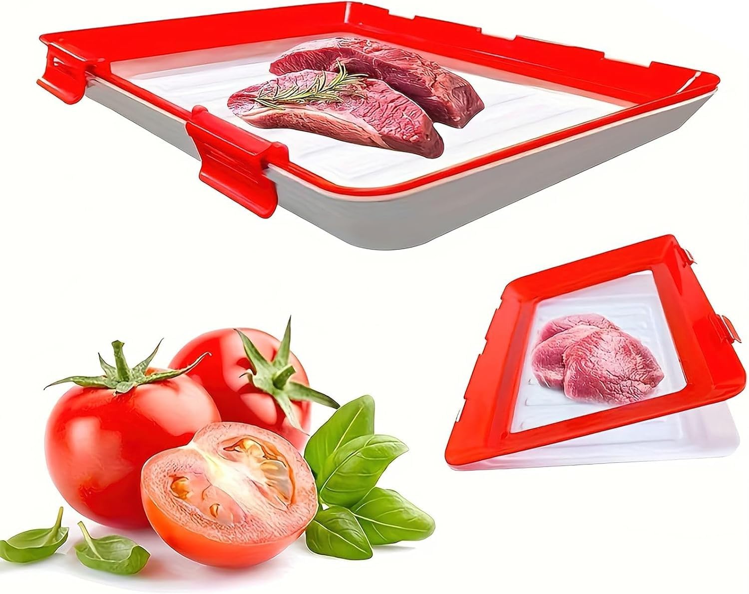 LUPO Stretch Storage Fresh Trays, 12 x 8.6'', Silicone Food Storage Trays, Stackable Reusable Food Tray Container with Lid, Fresh Tray Storage for Food Preservation - RED