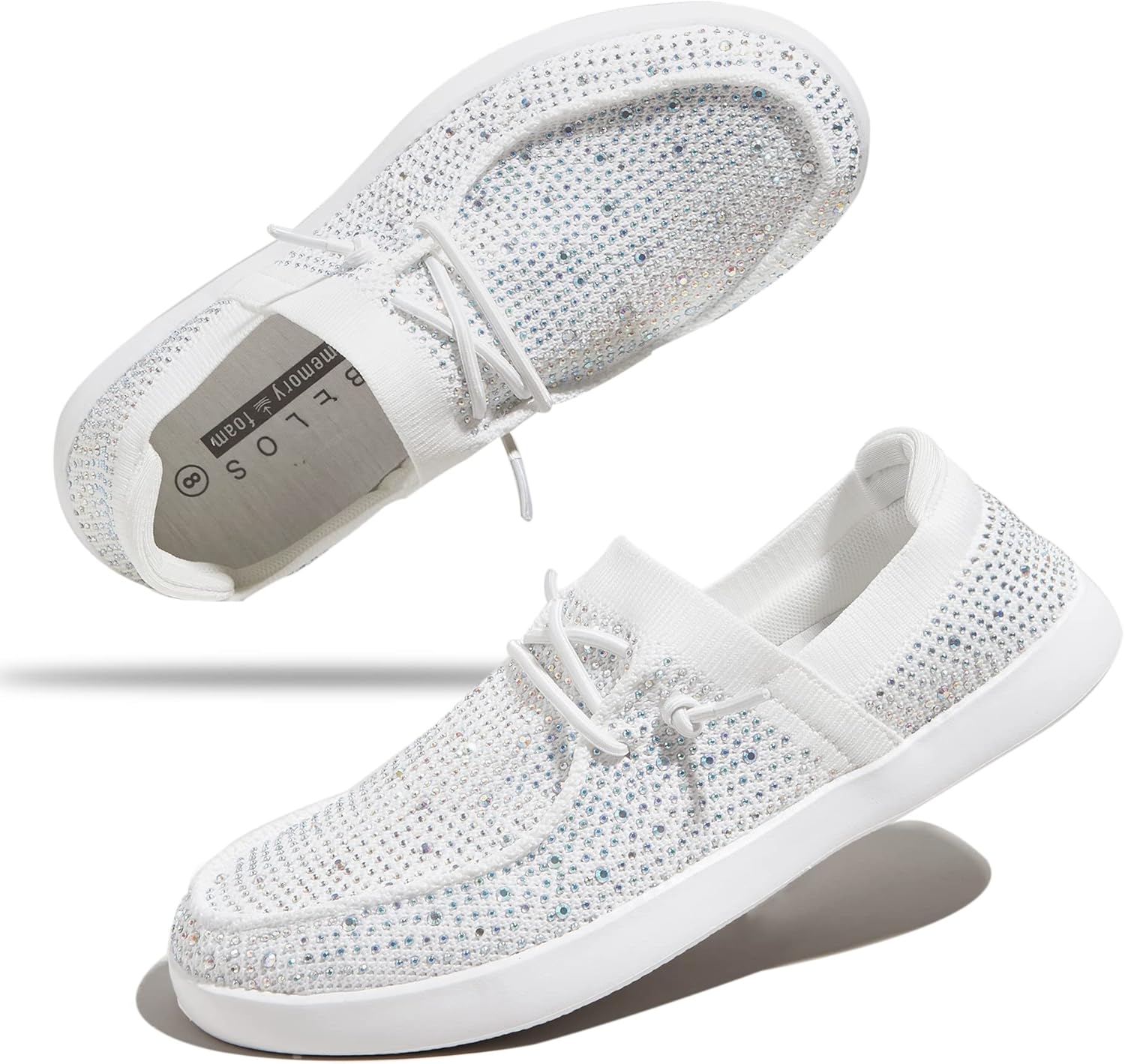 BELOS Women's Rhinestone Lace Up Loafers Shoes Comfortable Slip On Mesh Knit Walking Shoes Fashion Lightweight Sparkly Glitter Sneaker
