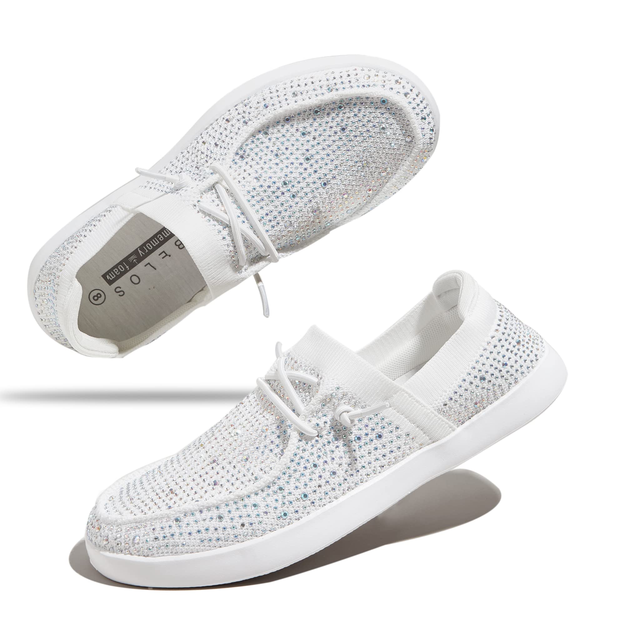 BELOSWomen's Rhinestone Lace Up Loafers Shoes Comfortable Slip On Mesh Knit Walking Shoes Fashion Lightweight Sparkly Glitter Sneaker