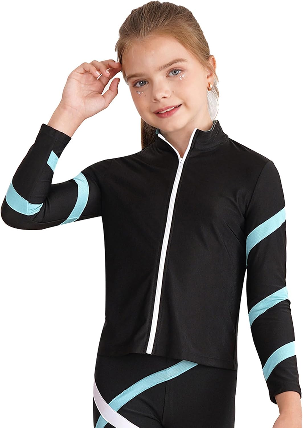 Kids Girls Figure Ice Skating Training Dance Outfits Color Block Jacket And Rhinestone Leggings Set