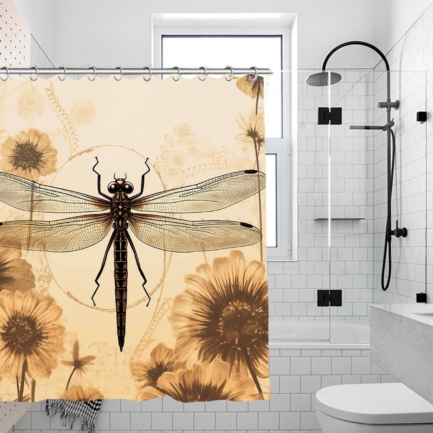 Dragonfly on Sunflower Shower Curtain with Hooks, Personalized Bath Curtain for Home, Washable Shower Liner for Hotel, Reusable Bath Curtains for Apartment, 70.8×70.8 Inches image 2