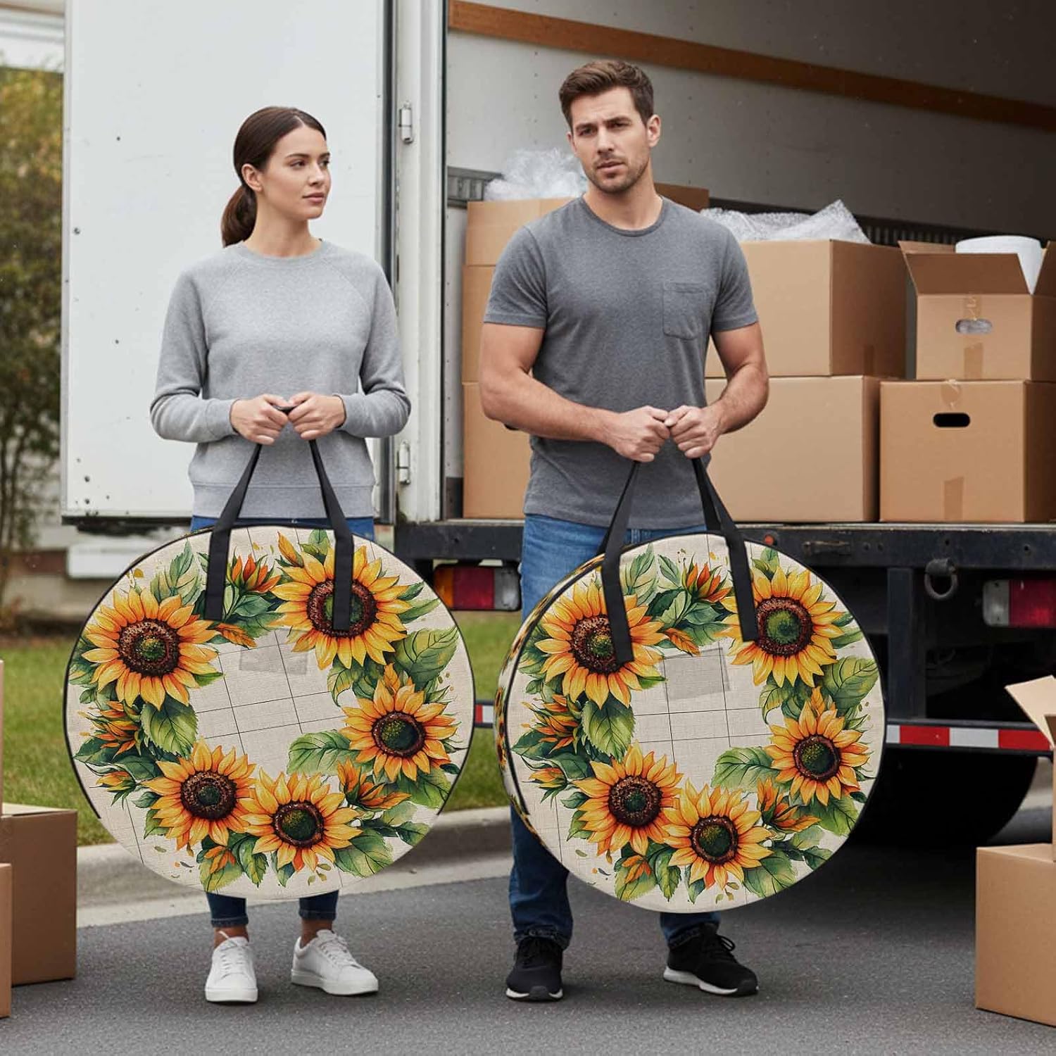 Spring Sunflower Wreath Round Storage Bag 30 Inch, Watercolor Floral Linen Texture Clothes Storage Container with Handles Heavy Duty Organizer for Comforter, Bedding & Holiday Wreaths