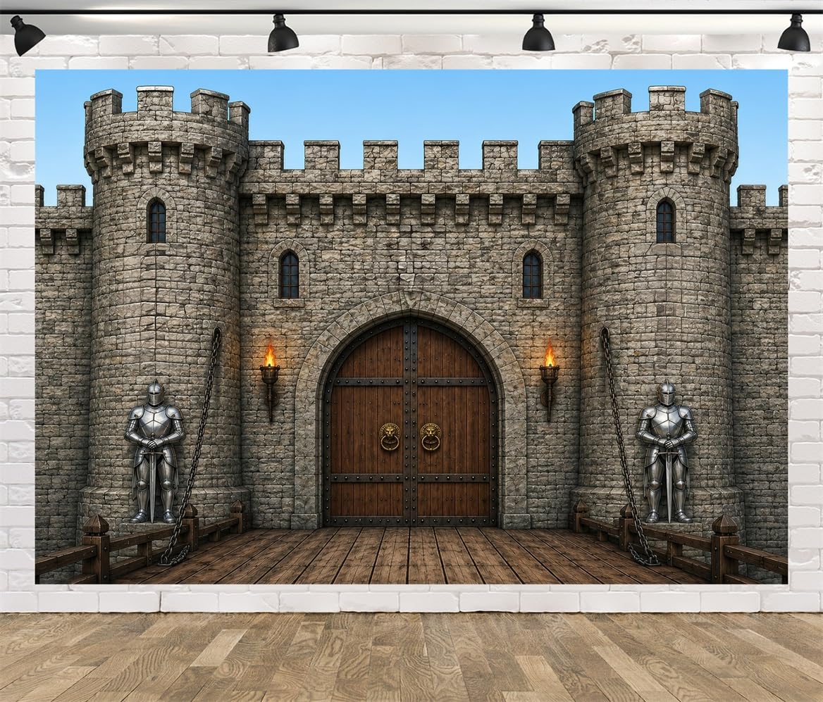 BELECO 3.6x2.5m Sfondo in tessuto Ponte Levatoio Castello Medievale | Castello In Pietra Vintage Sculture Cavalieri Torce Murali Sfondo Festa Medievale Telo Di Sfondo