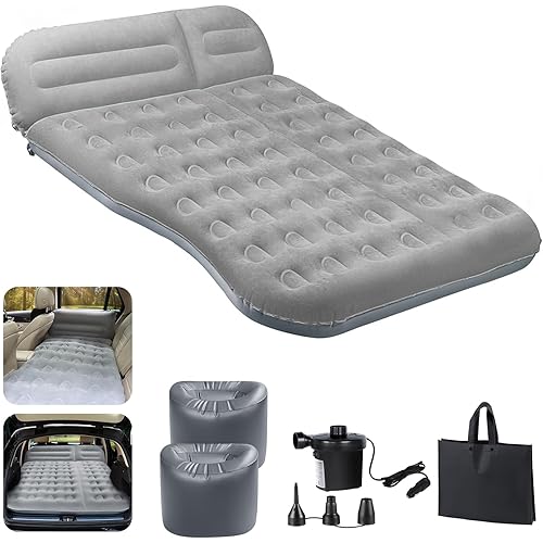 SUV Air Mattress， Thickened Flocked Camping Bed for Car Trunk & Back Seat ， Includes Electric Pump & 2 Foot Pedals ， Portable Inflatable car Mattress (Gray)