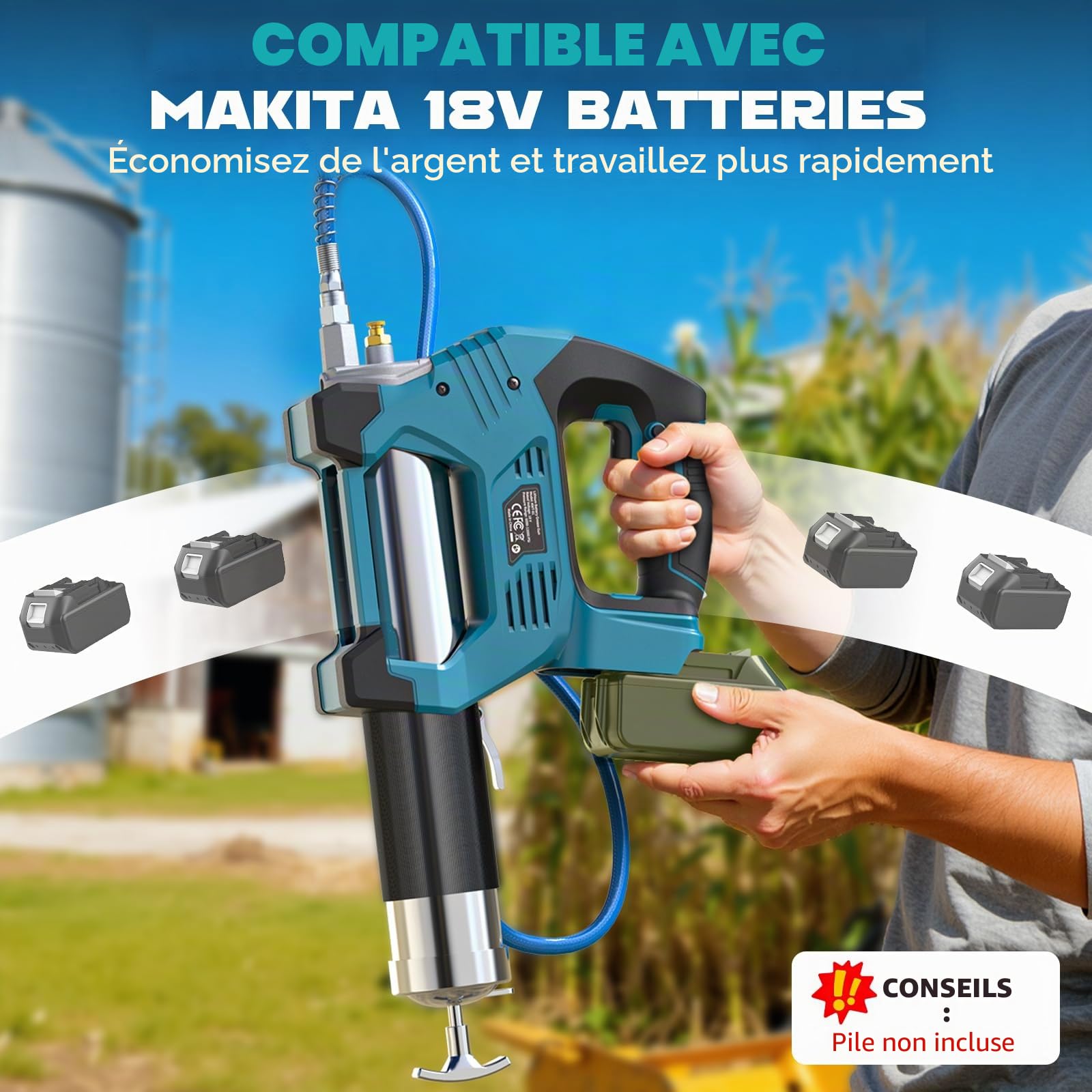 Ecarke Pistolet à Graisse sans Fil Compatible avec Ma-Kita 18V, Moteur Brushless, Pression Max 12000 PSI, 3 Vitesses 150/200/250 g/Min, Graissage pour Camions et Machines(Outils Uniquement)-Bleu