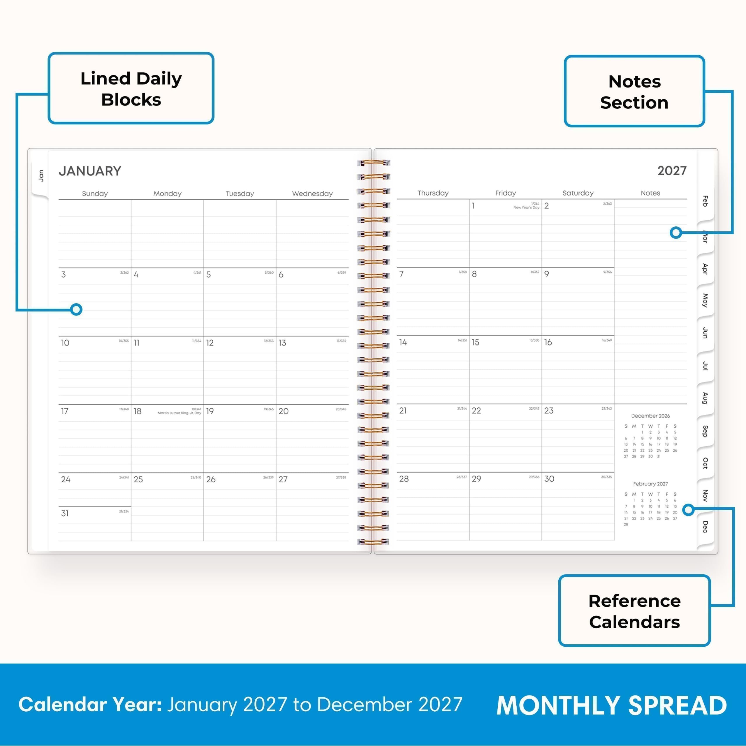 Blue Sky Calendario mensual 2027, enero 2027 a diciembre 2027, 8 x 10 pulgadas, cubierta esmerilada flexible, pestañas laminadas, encuadernación duradera de doble alambre, Joselyn