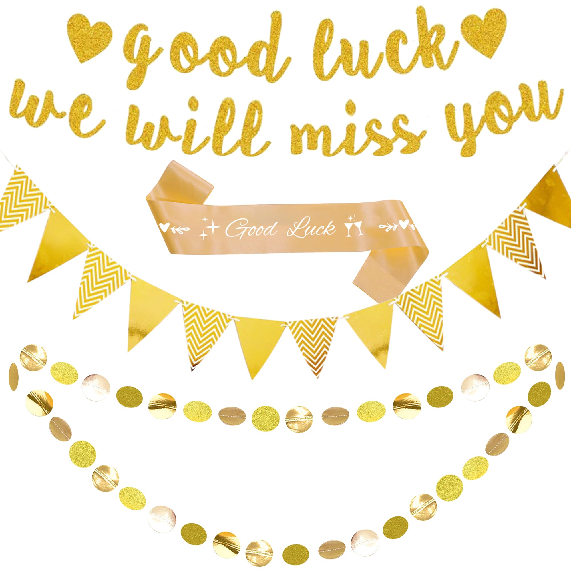 We Will Miss You Banner - Gold Retirement Decorations Set With Glitter Triangle Bunting, Good Luck Graduation Garland Banners for Leaving Farewell Party Supplies