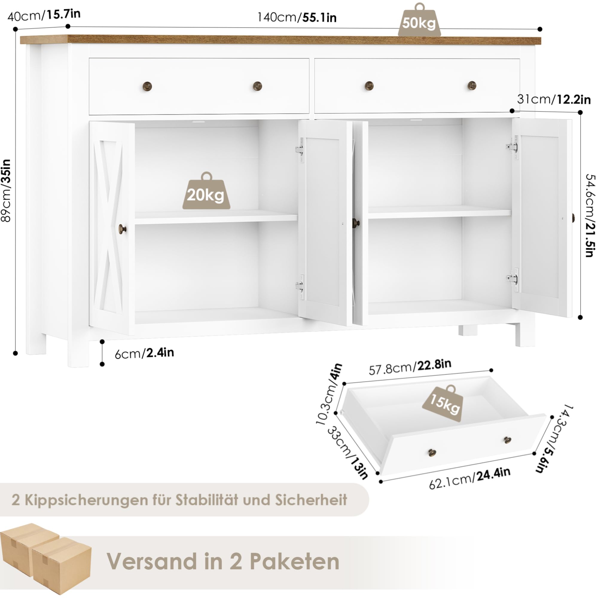 FirFurd 140 cm kredens biały kredens kuchenny szafka do przechowywania, duża szafka kuchenna z regulowanymi półkami, 4 drzwi, 2 szuflady do salonu, mebli do jadalni, 140 x 40 x 89 cm