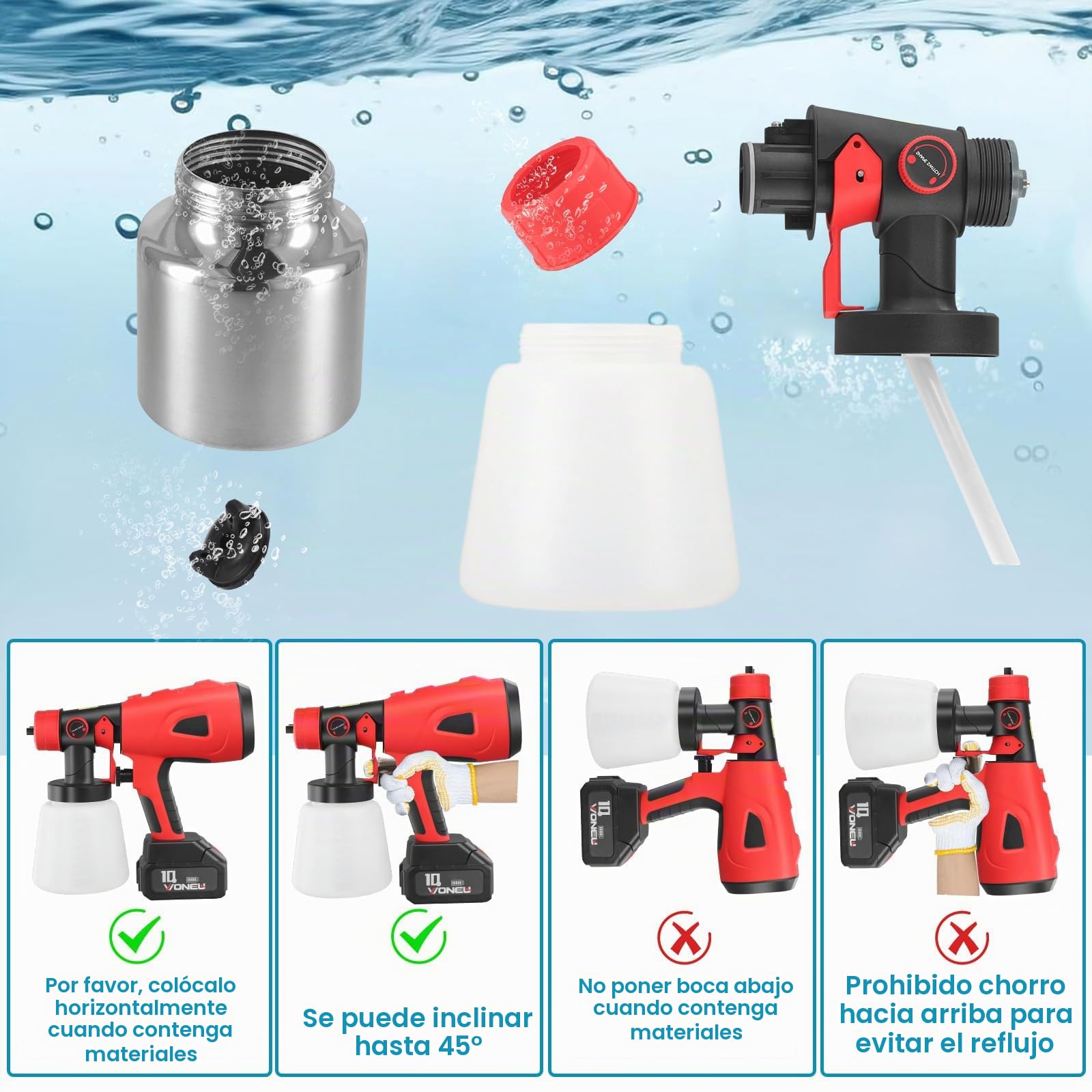 Sistema de pulverización de Pintura con 2 x 2600 mAh 21V Batería y Cargador, 850 W, 5 boquillas, 2 Recipiente de Pintura de 800 ml, 3 Patrones de pulverización, para Paredes, Techos, Vallas