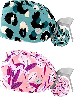 Colorful Leopard Pattern 2 Pieces Unisex Working Caps with Buttons Adjustable Bouffant Hats Tie Back Caps