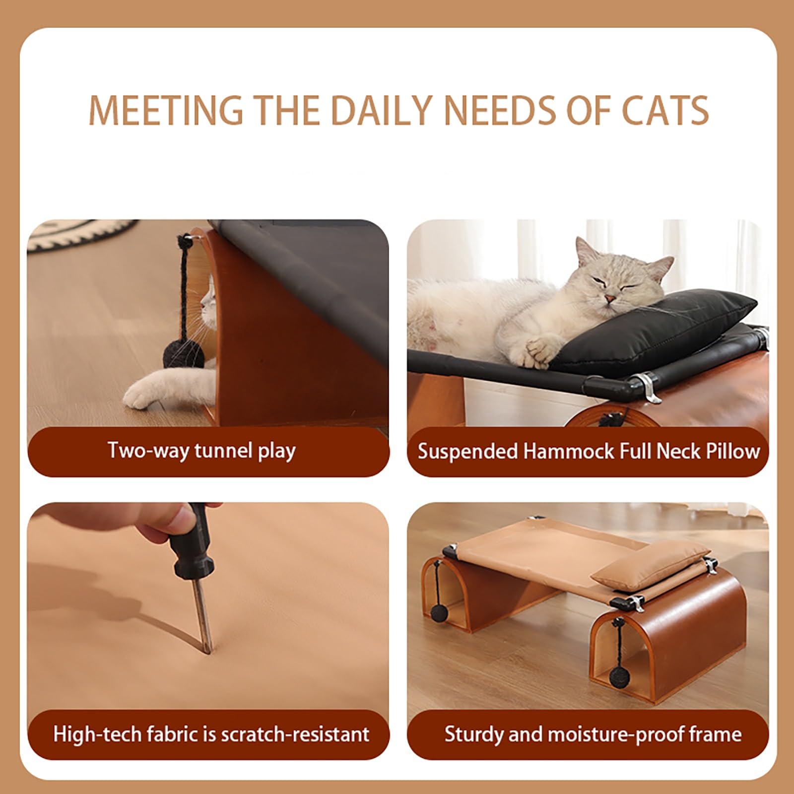Cama tipo túnel para gatos, escondite de madera con túneles duales, hamaca a prueba de humedad y juguete de bola colgante para gatitos y mascotas pequeñas